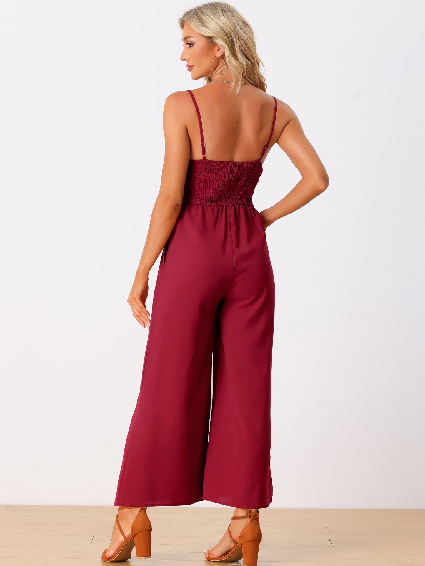Women's Casual Sleeveless Cut Out Smocked Loose Wide Leg Romper Summer Jumpsuits