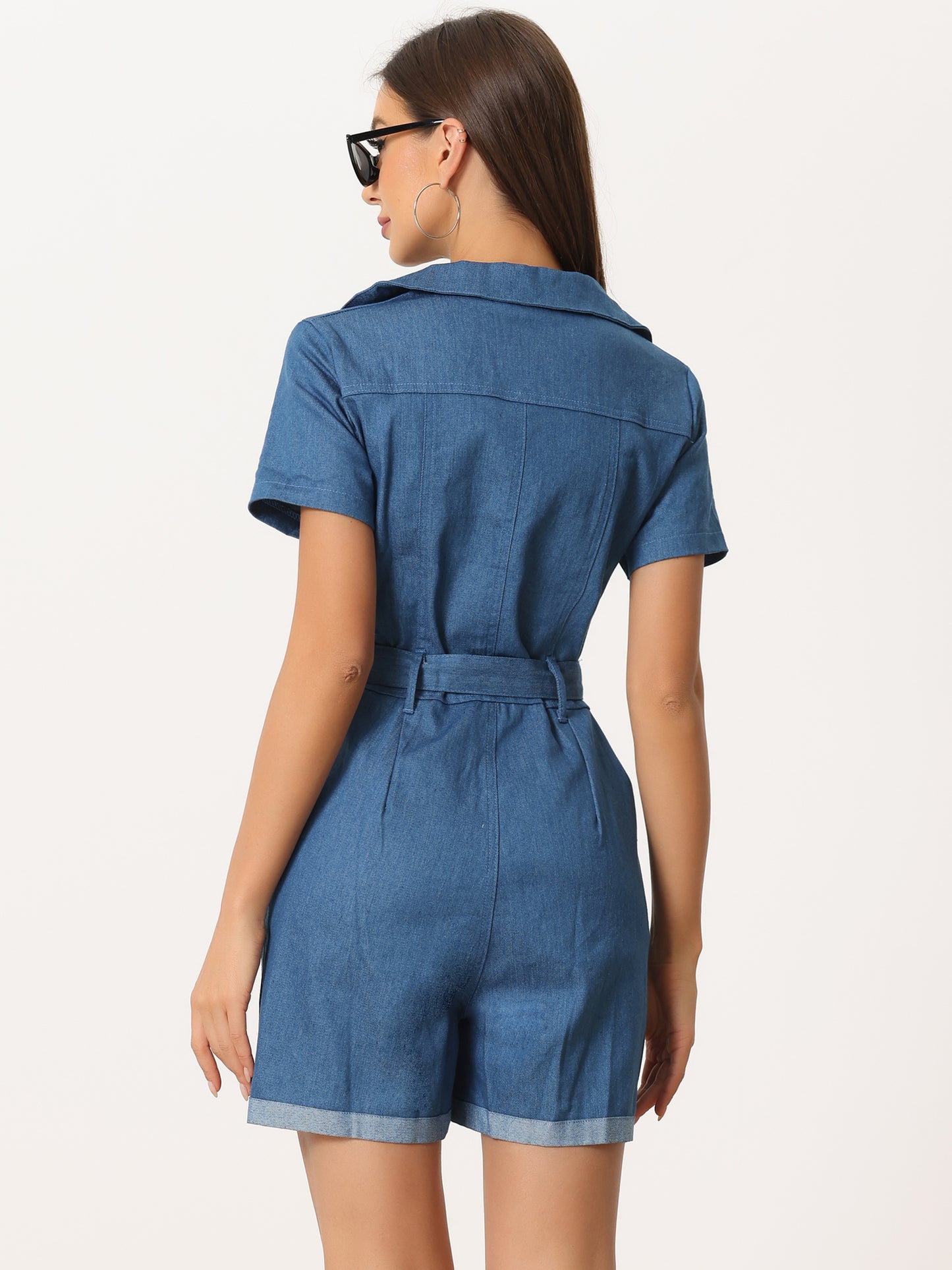 Women's Chambray Romper Zip Up Tie Waist Casual Denim Jumpsuit with Pockets