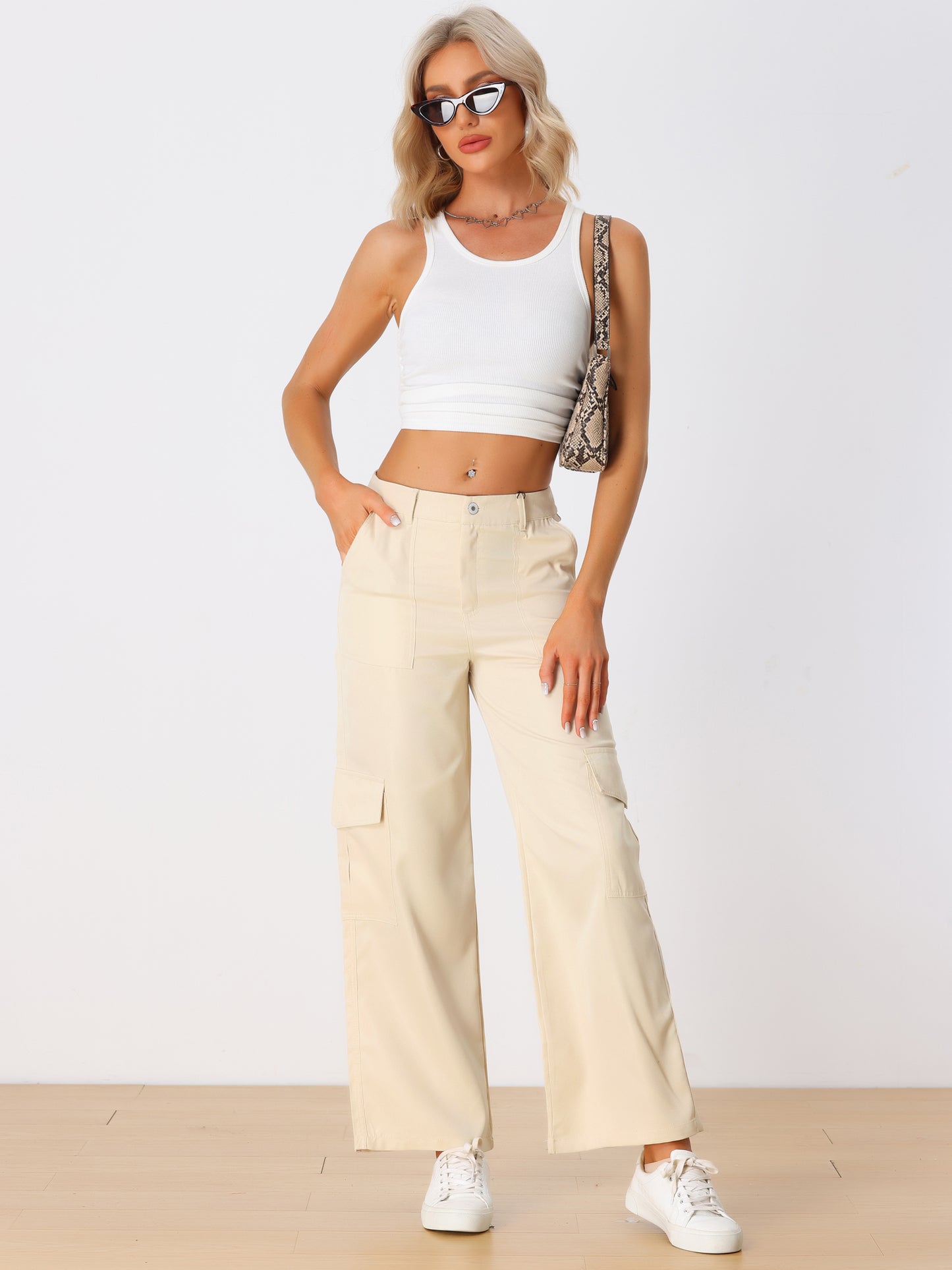 Women's Cargo Pants Mid Rise Baggy Wide Leg Pockets Casual Pants