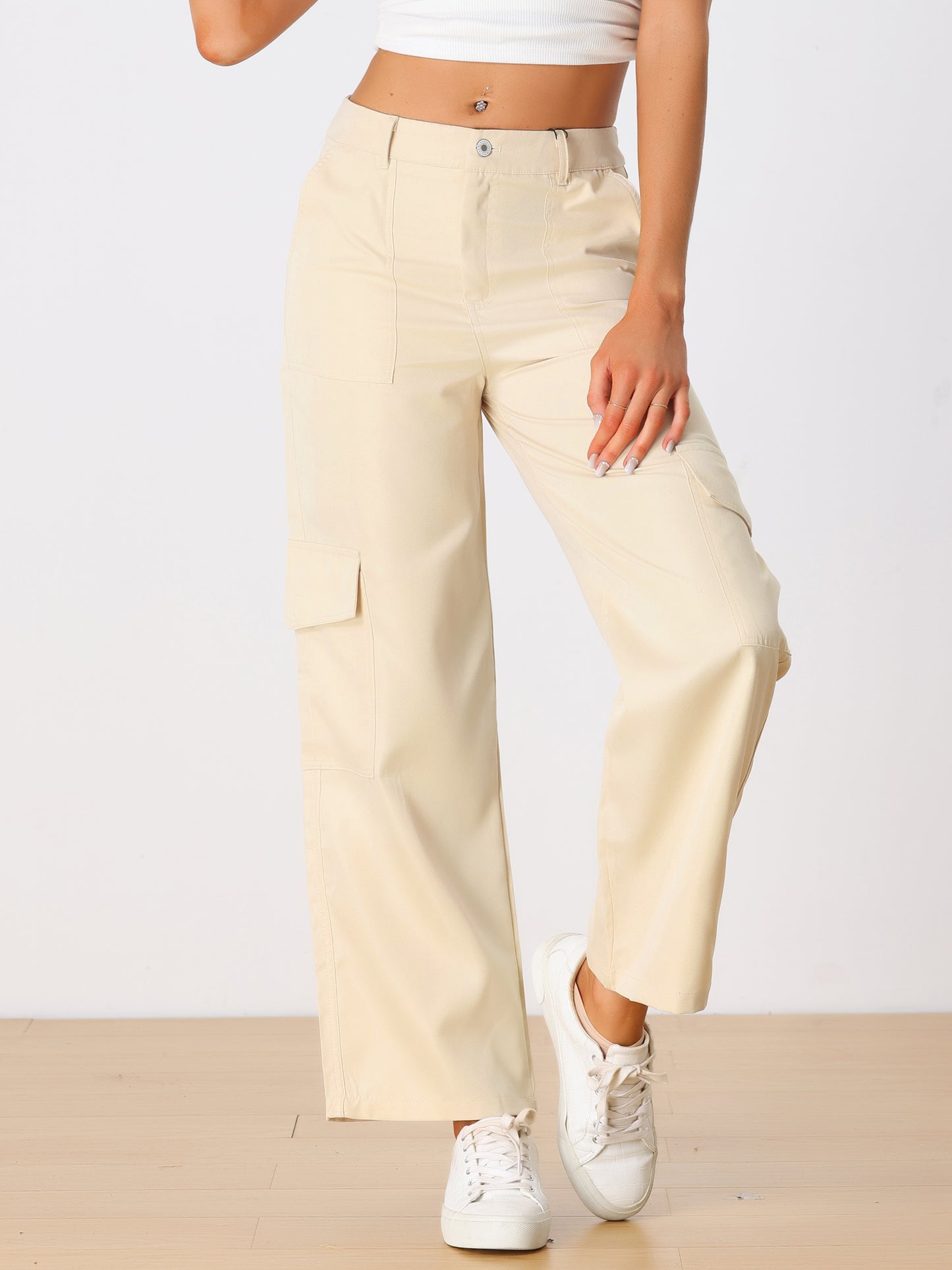 Women's Cargo Pants Mid Rise Baggy Wide Leg Pockets Casual Pants