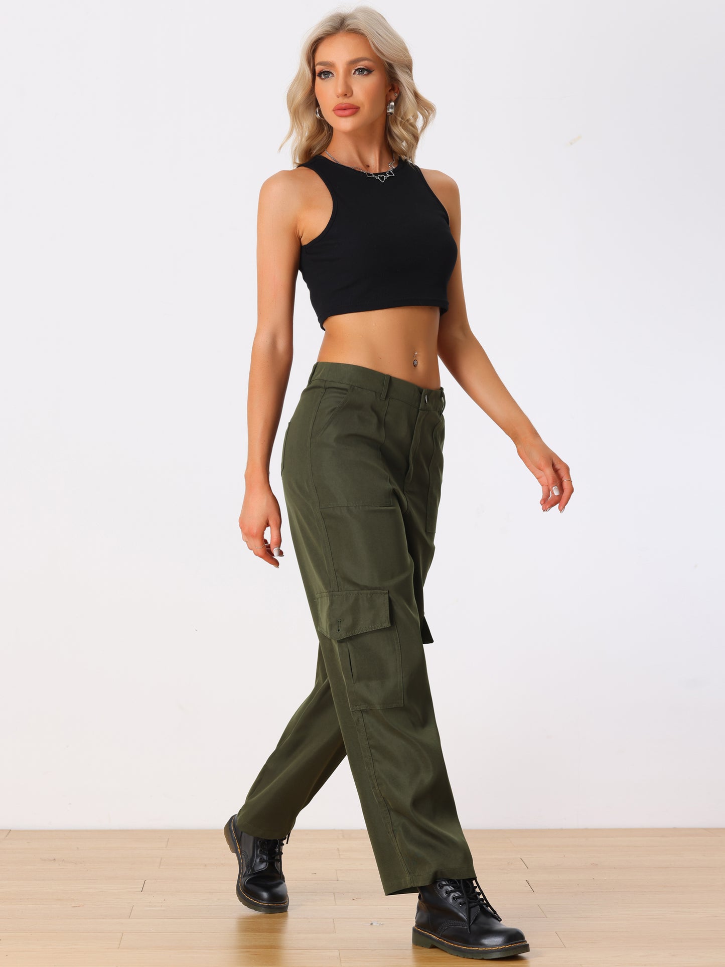 Pantalones cargo para mujer, tiro medio, holgados, pernera ancha, bolsillos, pantalones casuales