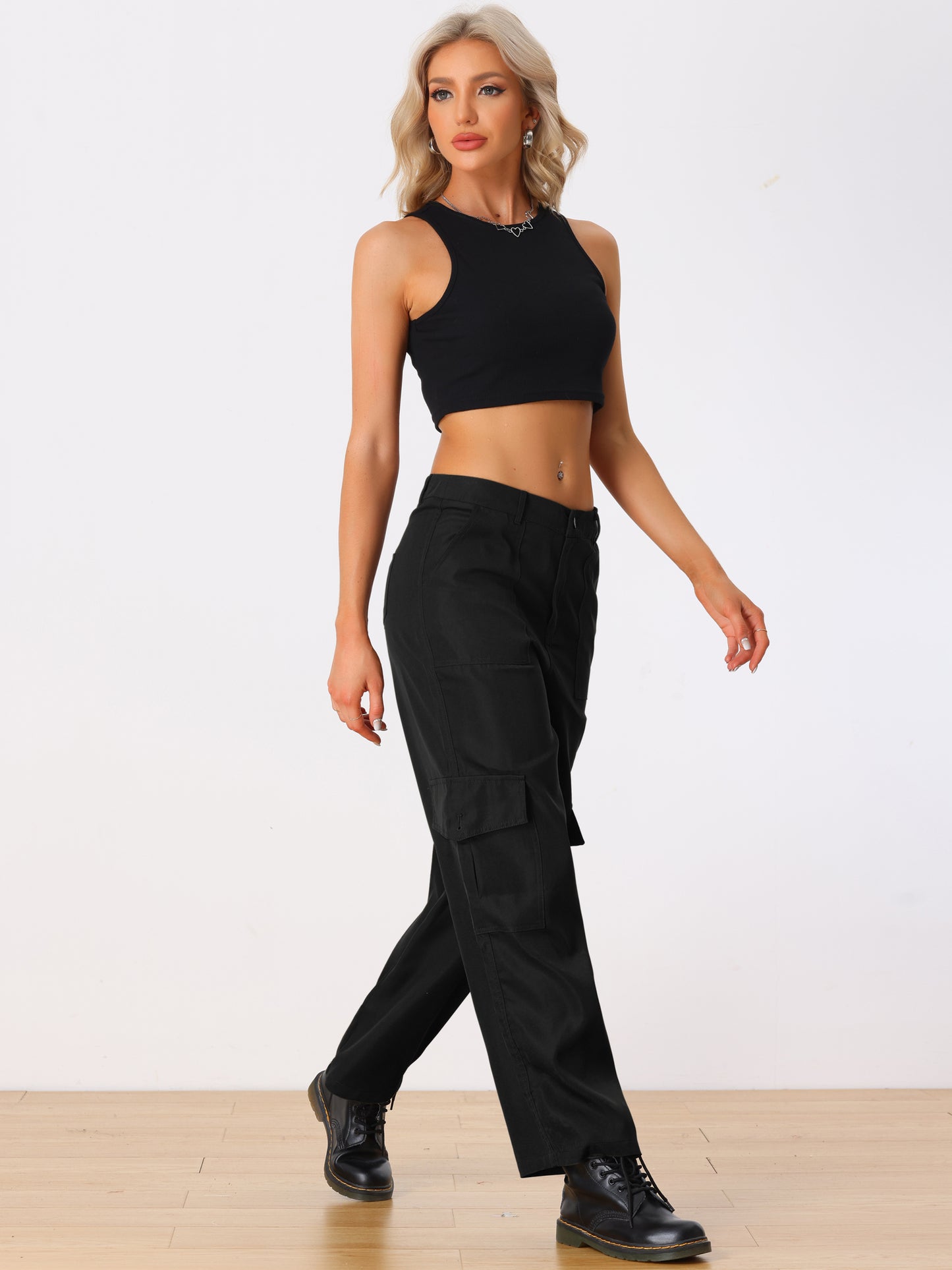 Women's Cargo Pants Mid Rise Baggy Wide Leg Pockets Casual Pants