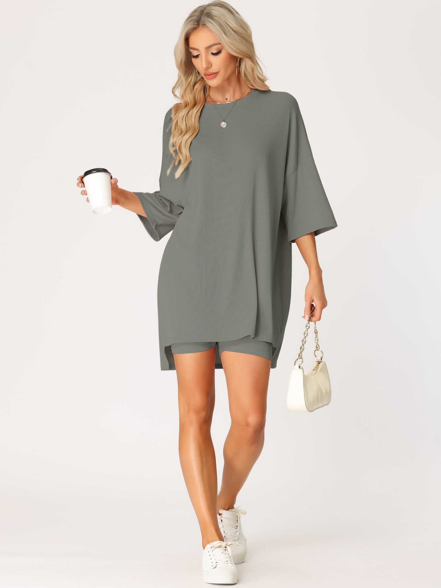 Ensemble de détente 2 pièces pour femme, t-shirt oversize avec short cycliste, tenue de sport