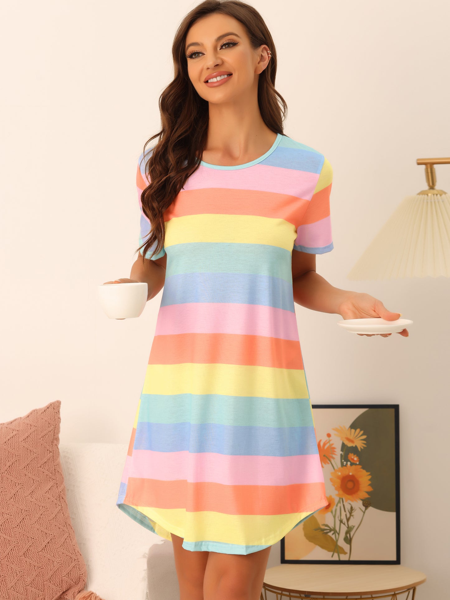 Women's Loungewear T-shirt Dress Colorful Striped Short Sleeve Nightdress