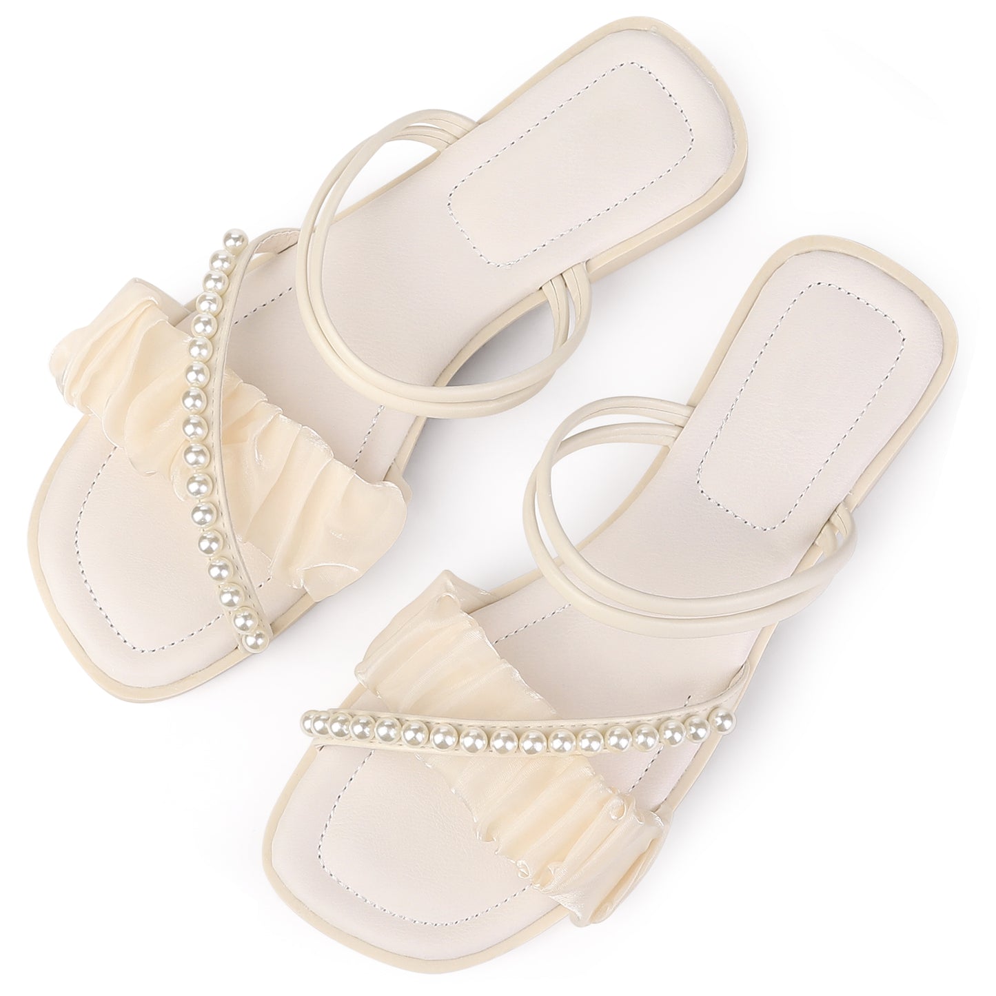 Women's Strappy Pearl Strap Pleated Flat Slide Sandals