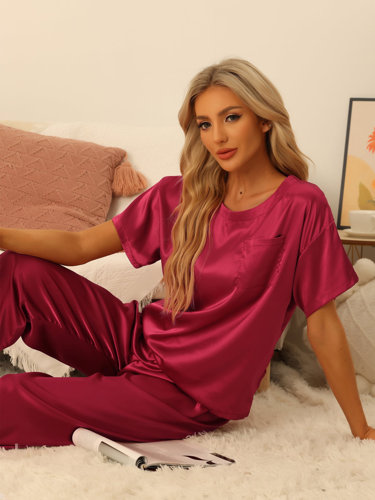 Women's Satin Pajamas Sleepwear Summer Short Sleeves Tops with Pants Silky Lounge Set