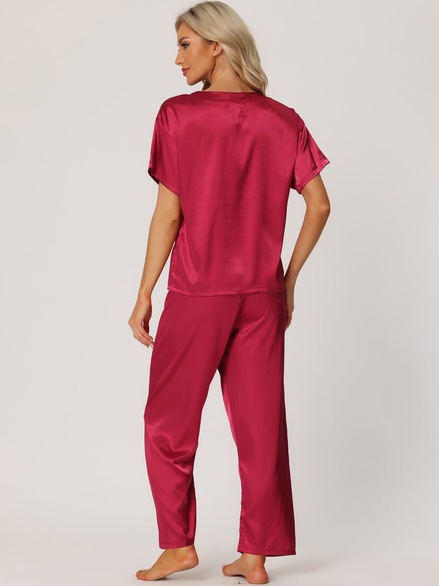 Women's Satin Pajamas Sleepwear Summer Short Sleeves Tops with Pants Silky Lounge Set