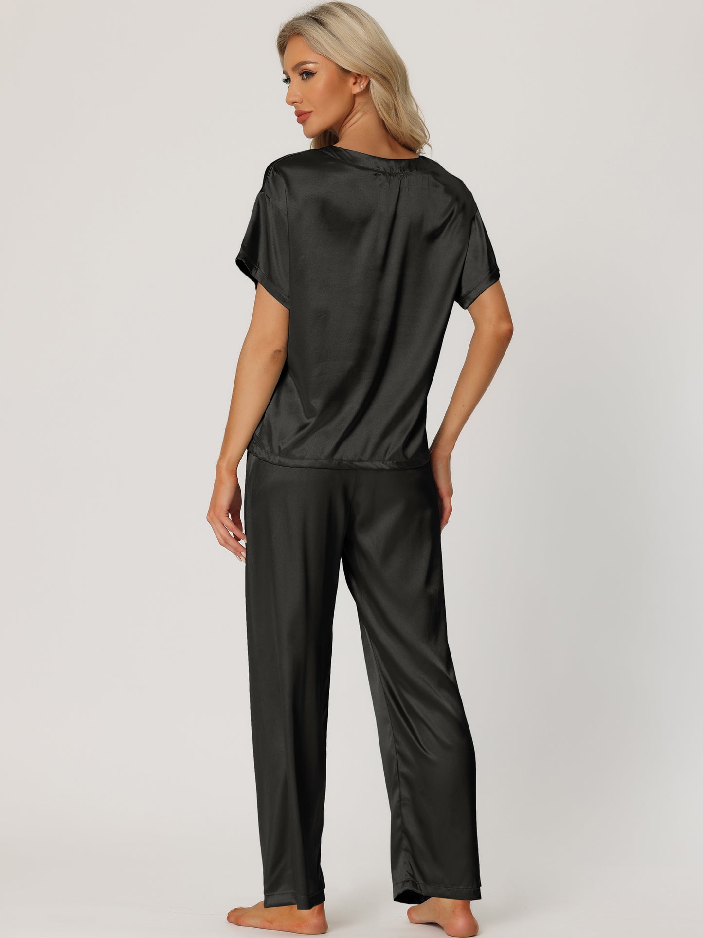 Women's Satin Pajamas Sleepwear Summer Short Sleeves Tops with Pants Silky Lounge Set