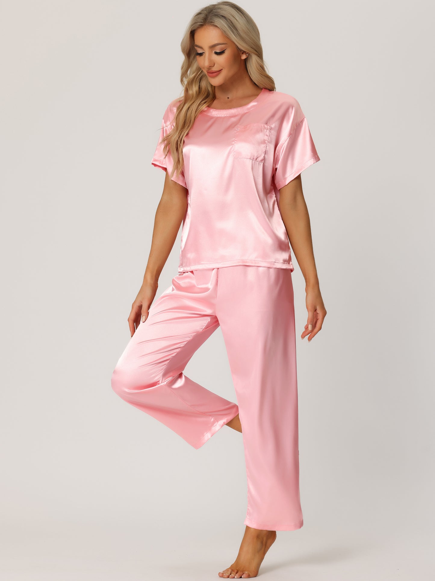 Women's Satin Pajamas Sleepwear Summer Short Sleeves Tops with Pants Silky Lounge Set
