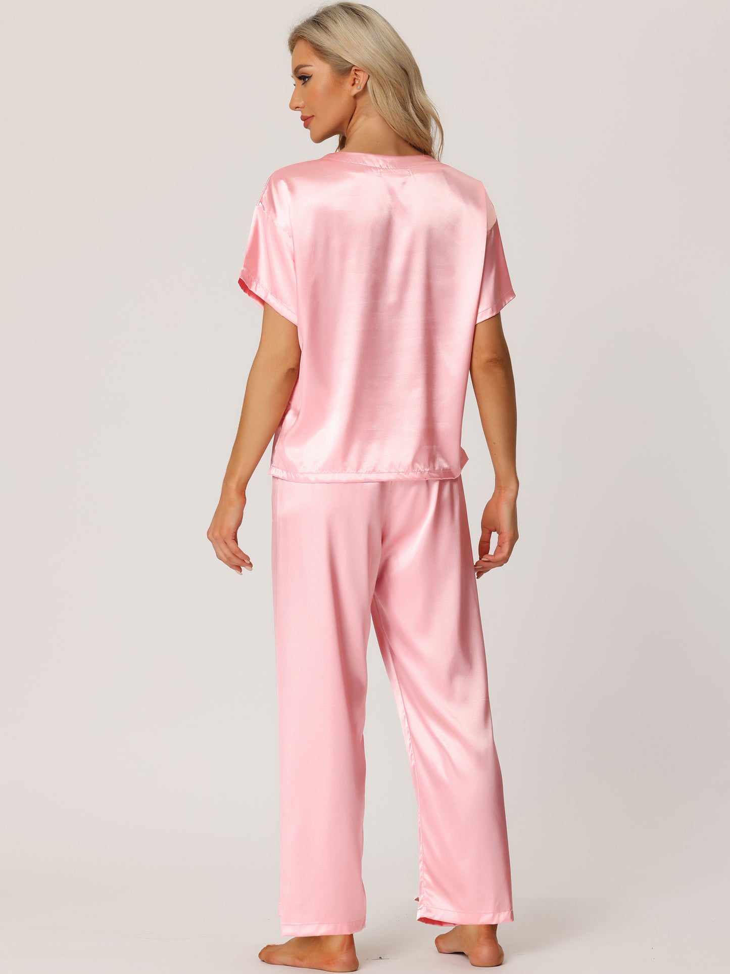Women's Satin Pajamas Sleepwear Summer Short Sleeves Tops with Pants Silky Lounge Set