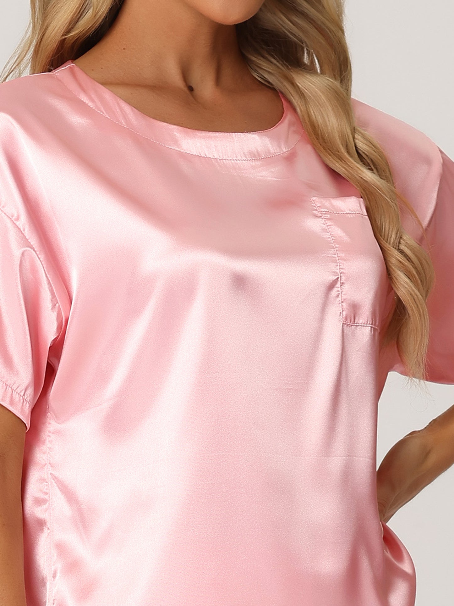 Women's Satin Pajamas Sleepwear Summer Short Sleeves Tops with Pants Silky Lounge Set