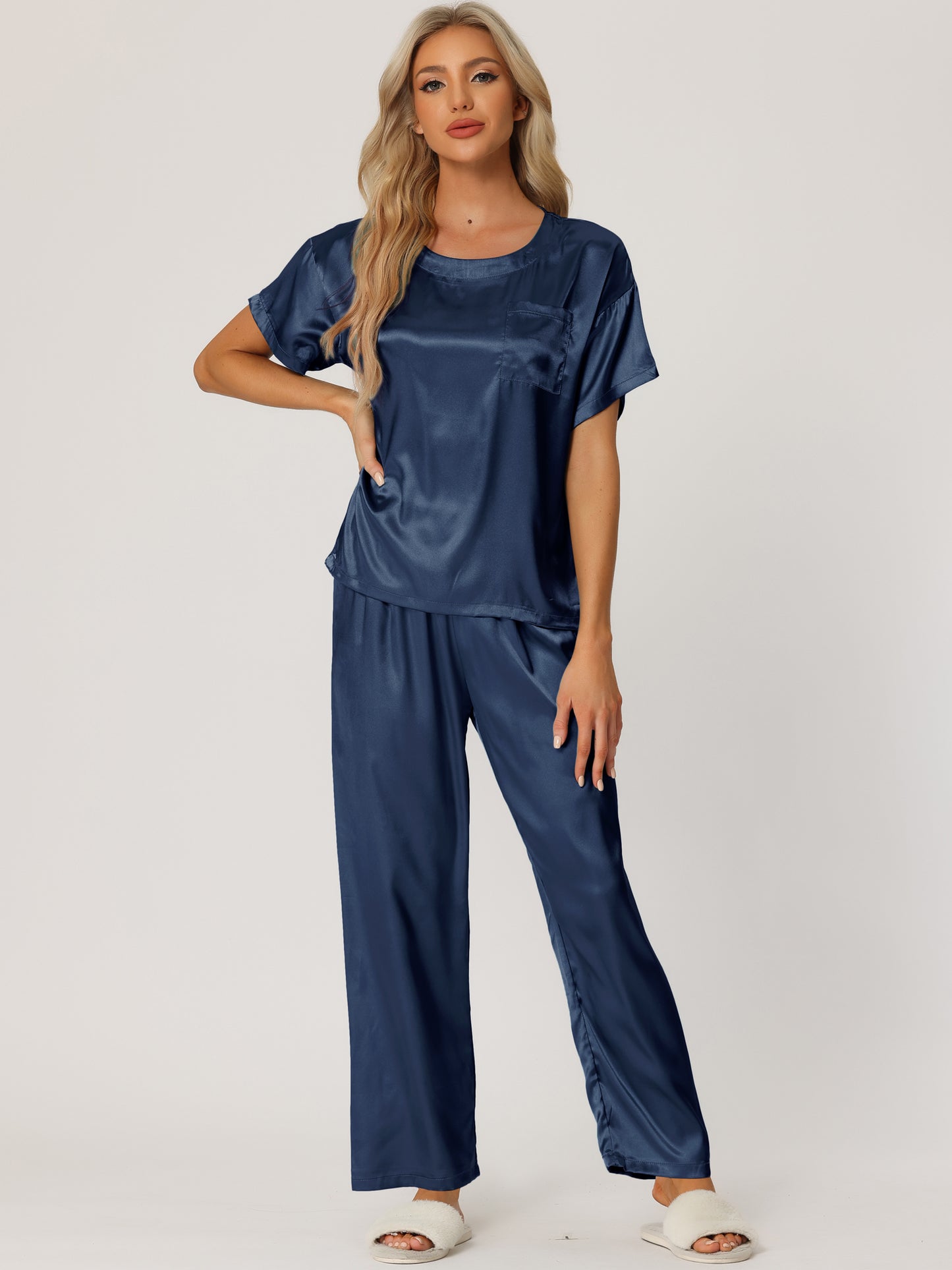 Women's Satin Pajamas Sleepwear Summer Short Sleeves Tops with Pants Silky Lounge Set