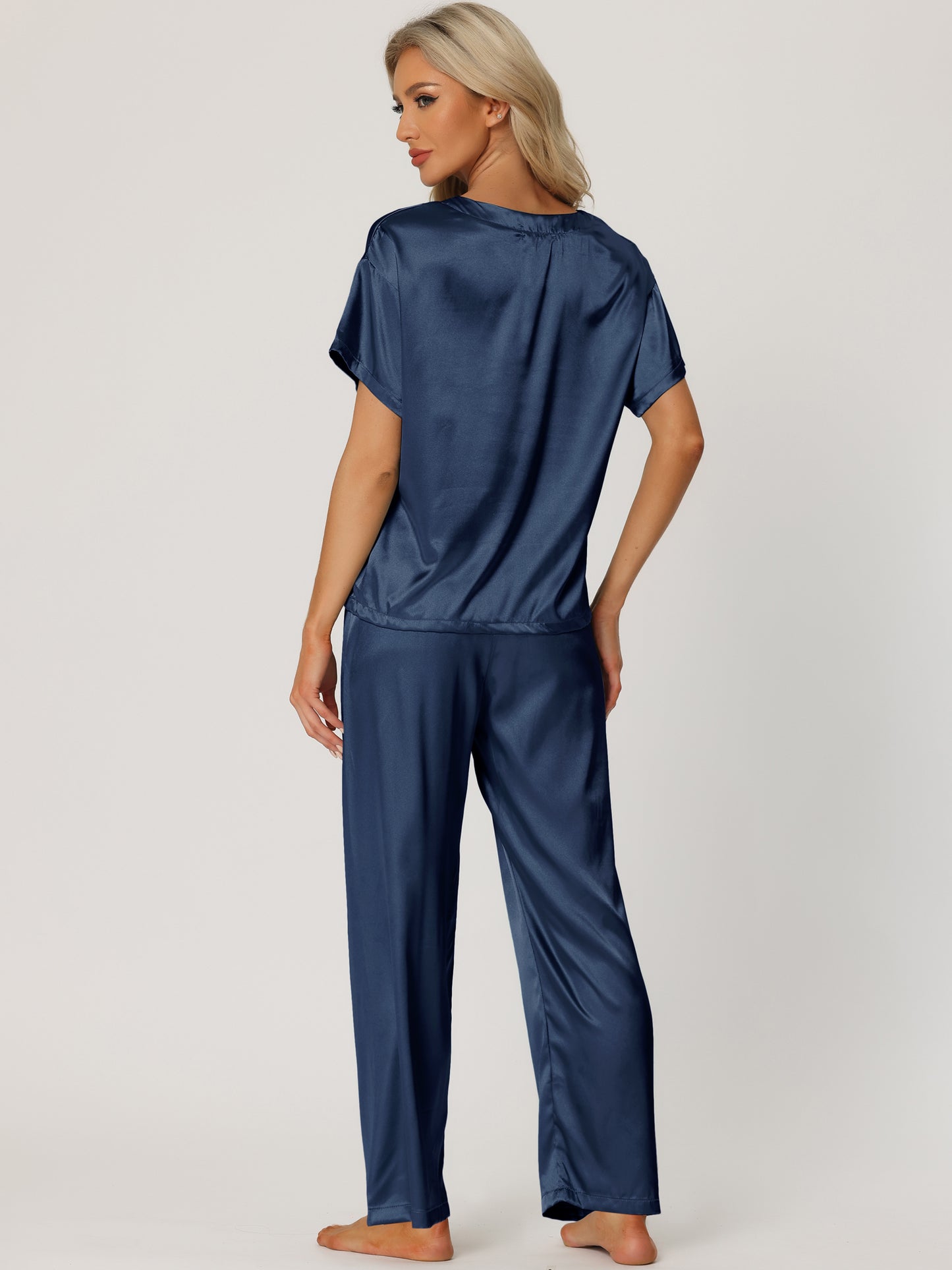 Women's Satin Pajamas Sleepwear Summer Short Sleeves Tops with Pants Silky Lounge Set