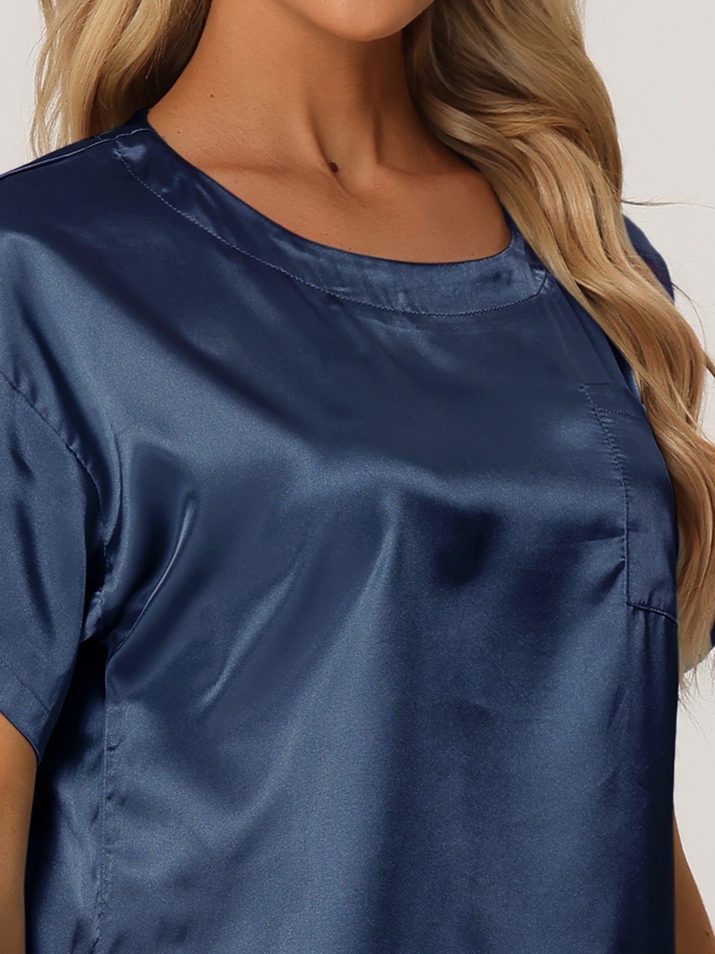 Women's Satin Pajamas Sleepwear Summer Short Sleeves Tops with Pants Silky Lounge Set