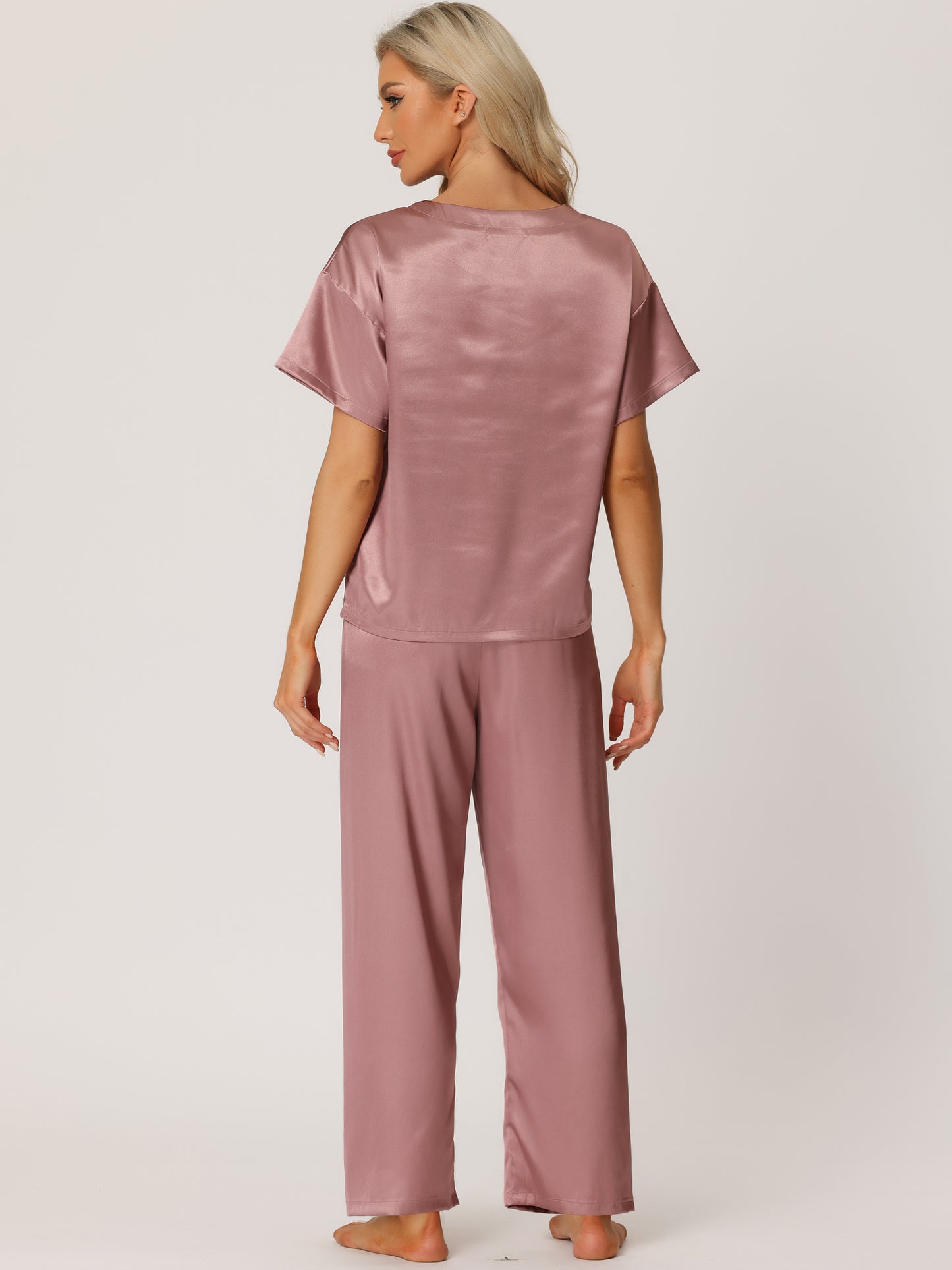 Women's Satin Pajamas Sleepwear Summer Short Sleeves Tops with Pants Silky Lounge Set
