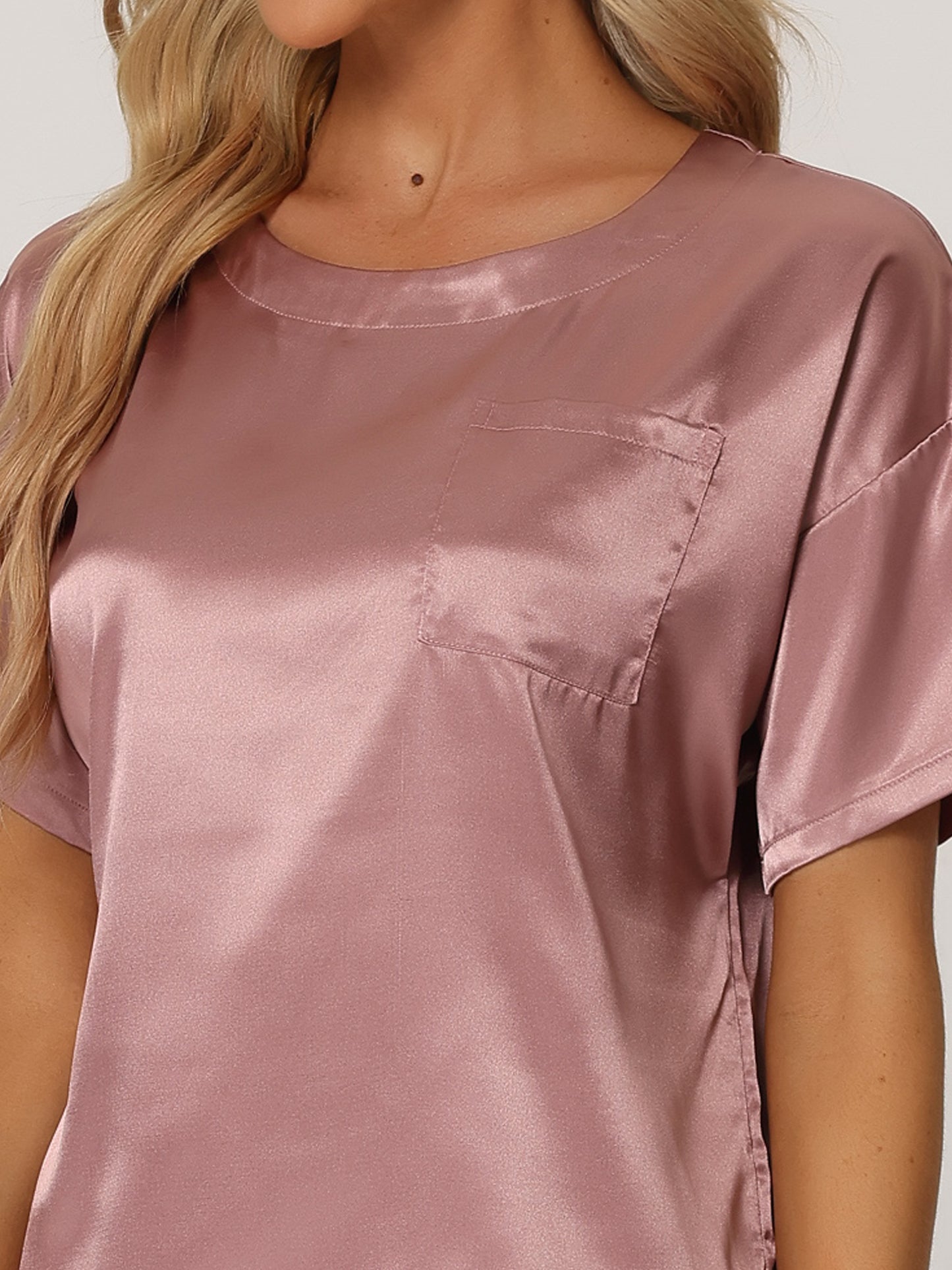 Women's Satin Pajamas Sleepwear Summer Short Sleeves Tops with Pants Silky Lounge Set