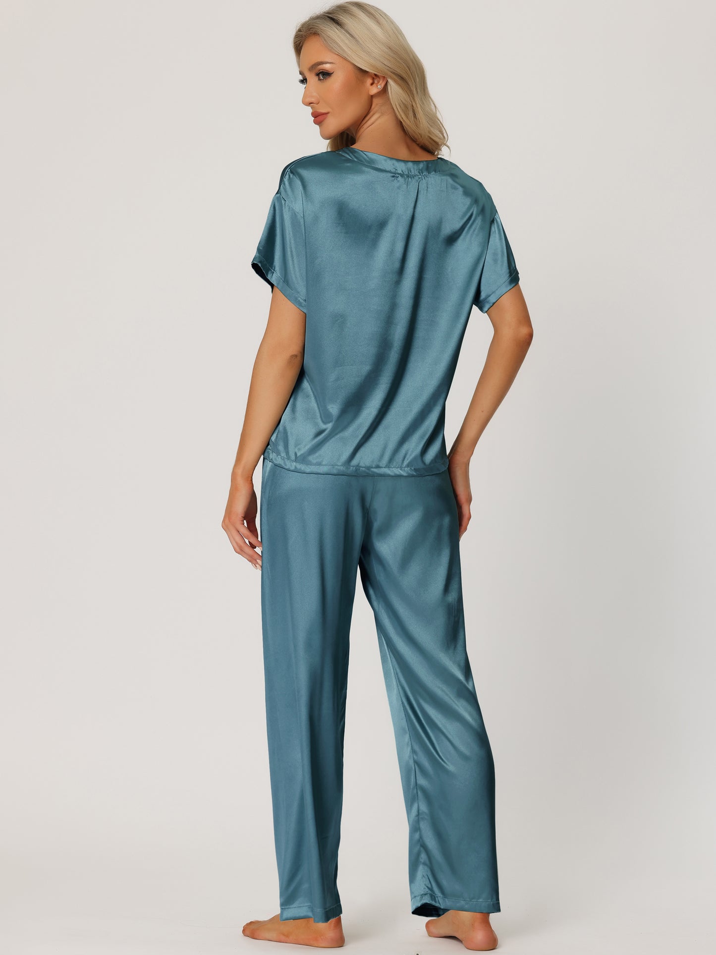 Women's Satin Pajamas Sleepwear Summer Short Sleeves Tops with Pants Silky Lounge Set