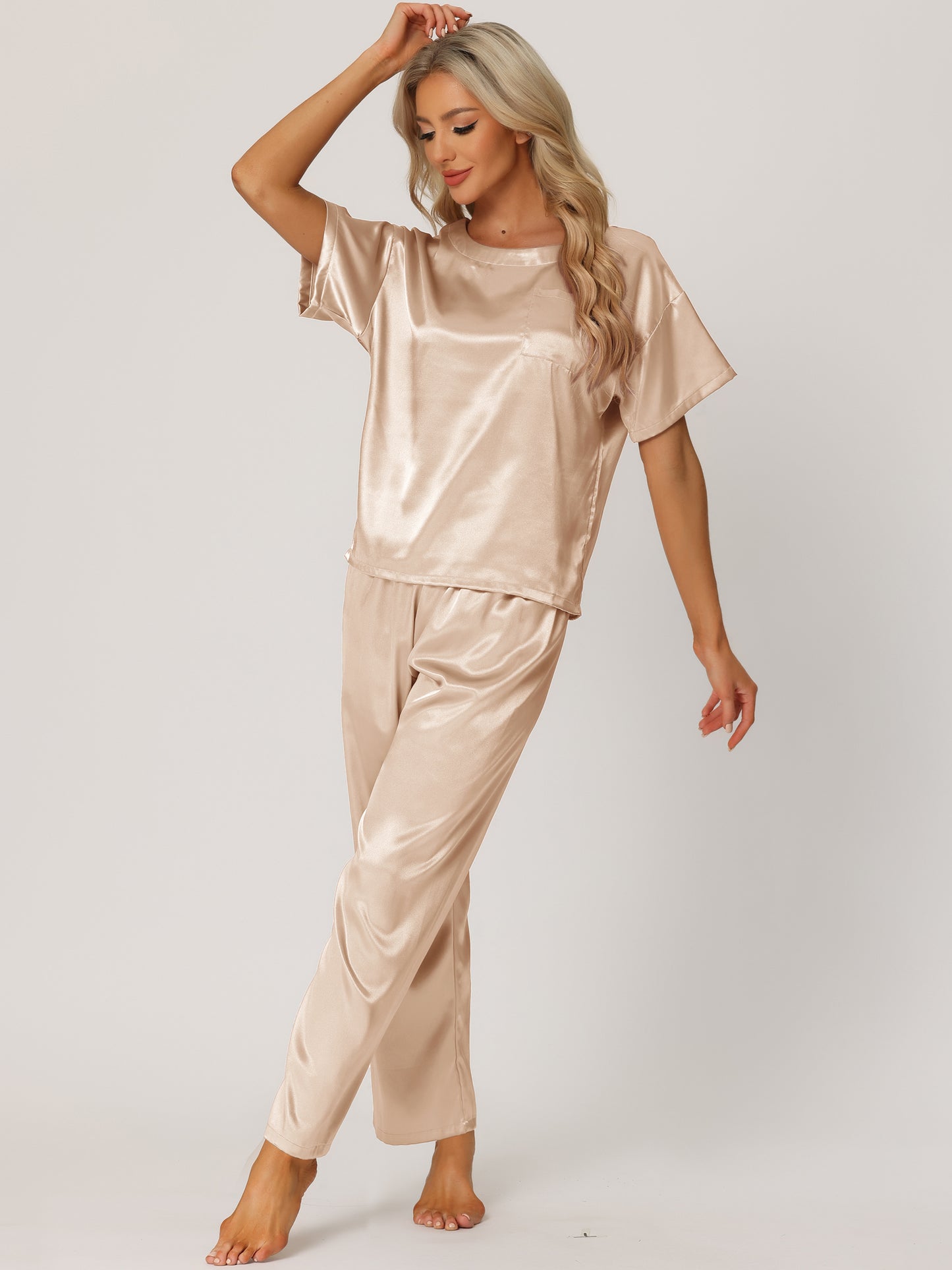 Women's Satin Pajamas Sleepwear Summer Short Sleeves Tops with Pants Silky Lounge Set