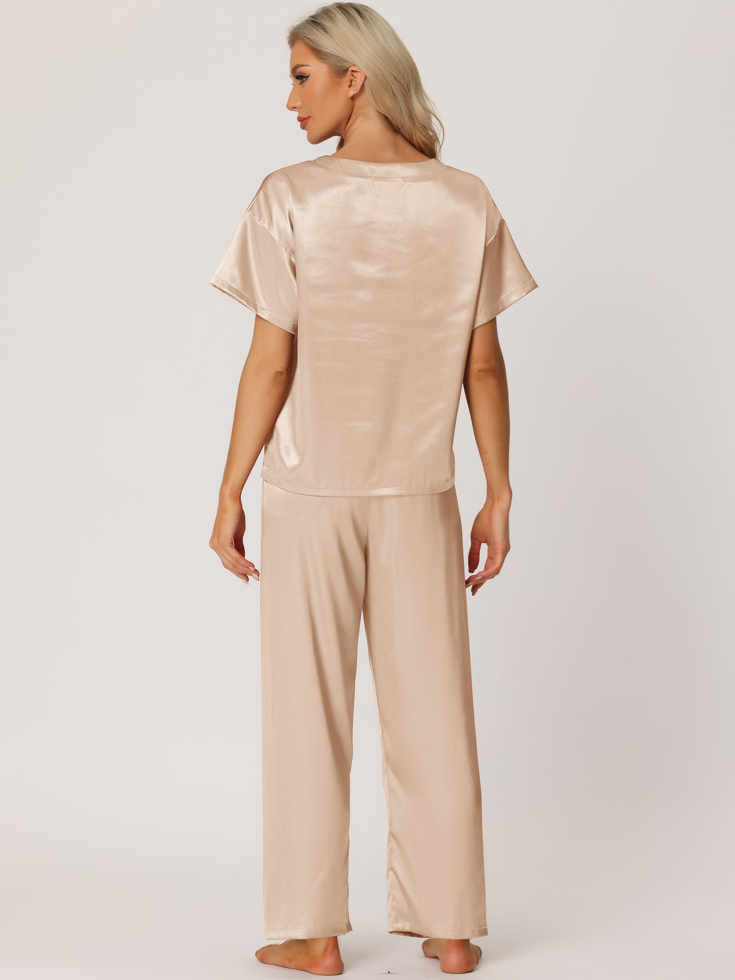 Women's Satin Pajamas Sleepwear Summer Short Sleeves Tops with Pants Silky Lounge Set