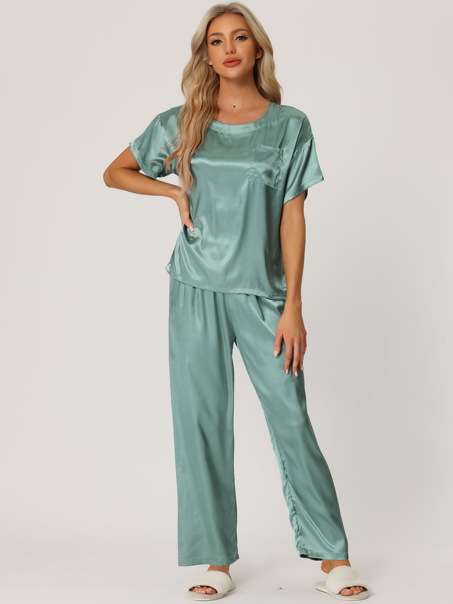 Women's Satin Pajamas Sleepwear Summer Short Sleeves Tops with Pants Silky Lounge Set