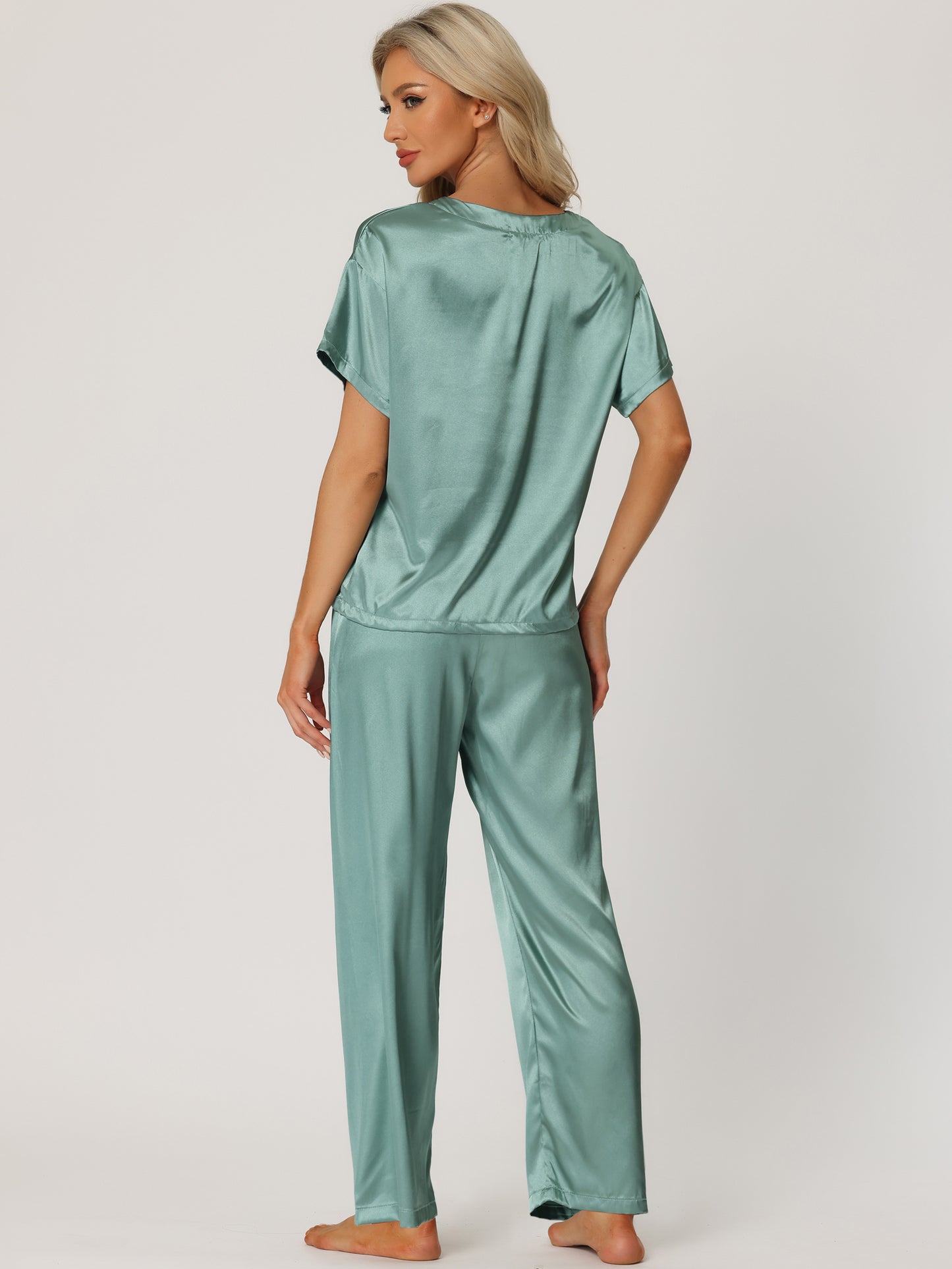 Women's Satin Pajamas Sleepwear Summer Short Sleeves Tops with Pants Silky Lounge Set