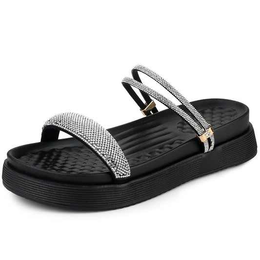Women Padded Shoes Sparkly Rhinestones Strap Slingback Flatform Slide Sandals