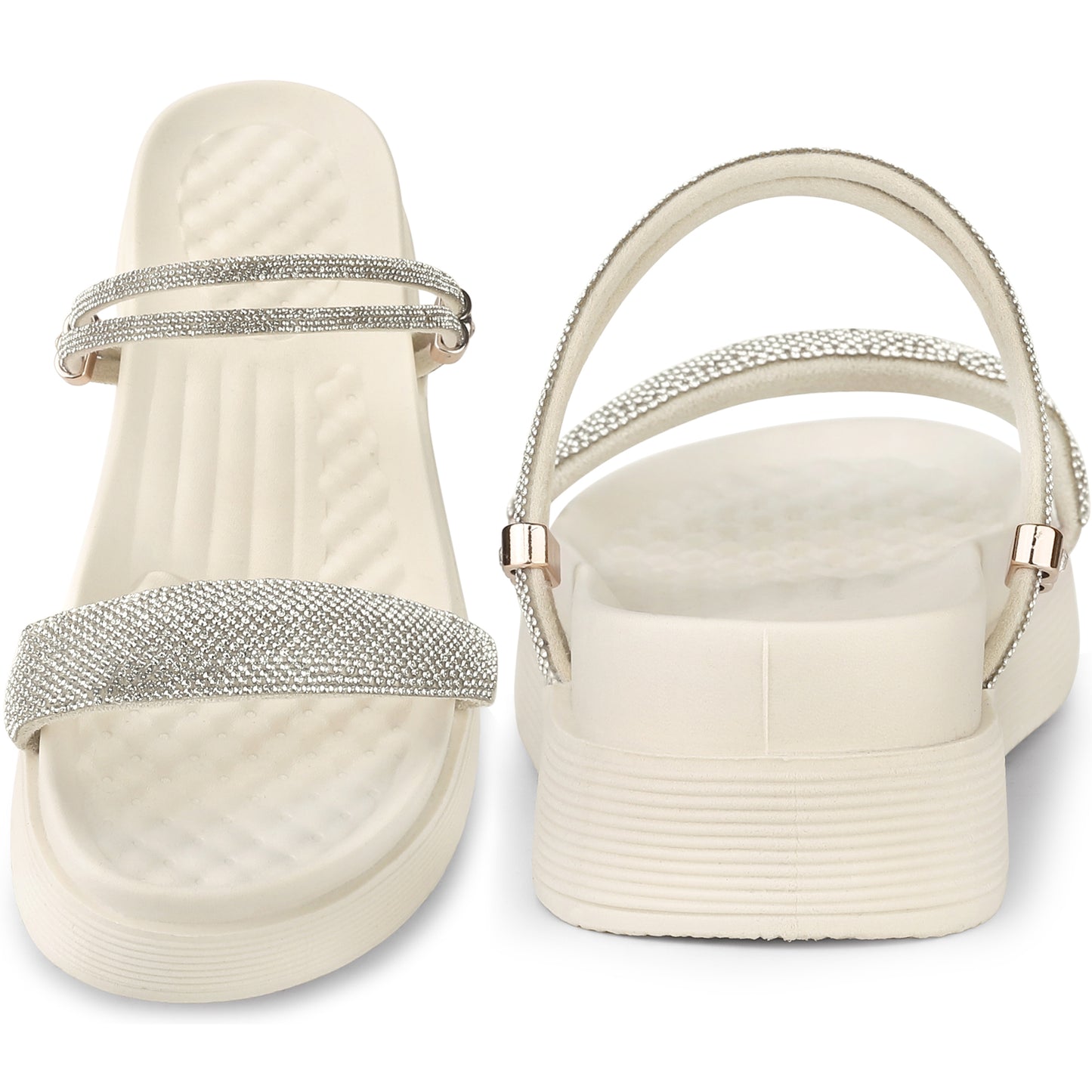 Sandalias planas con tiras y tacón de aguja con cristales brillantes para mujer