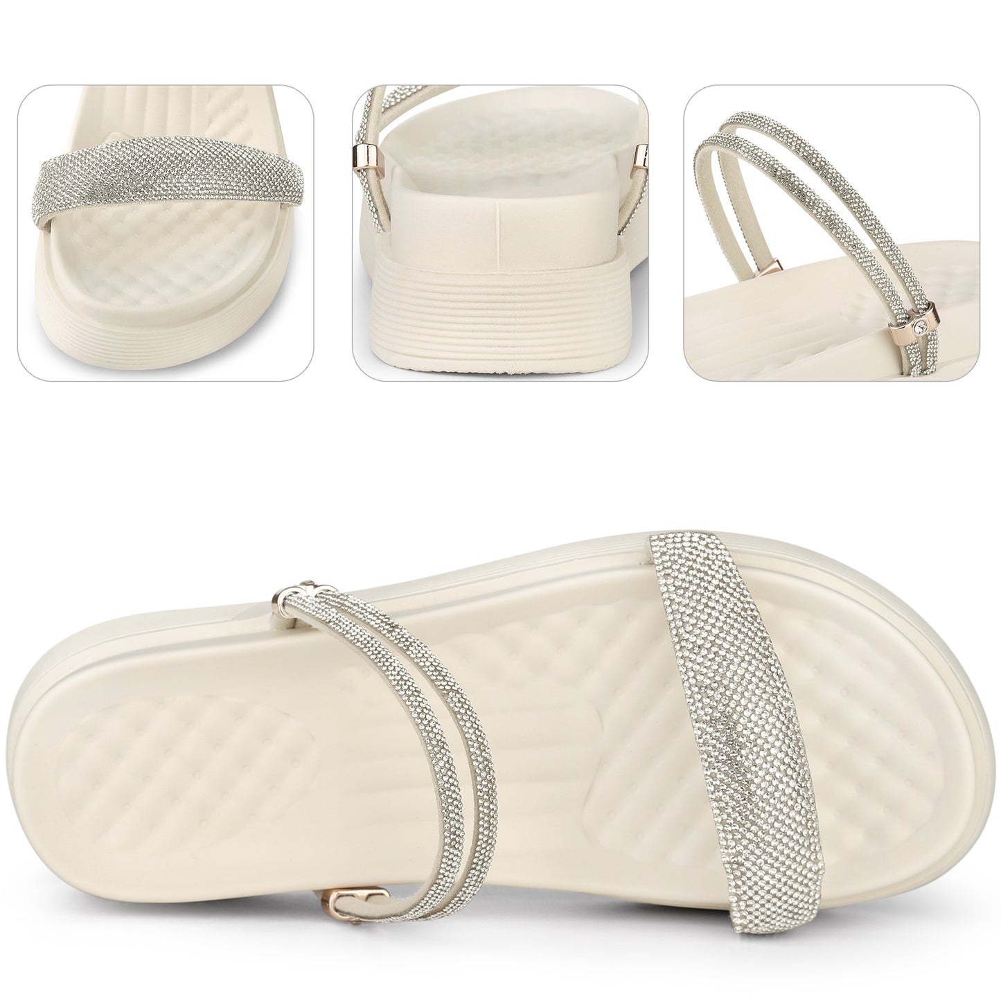 Sandalias planas con tiras y tacón de aguja con cristales brillantes para mujer