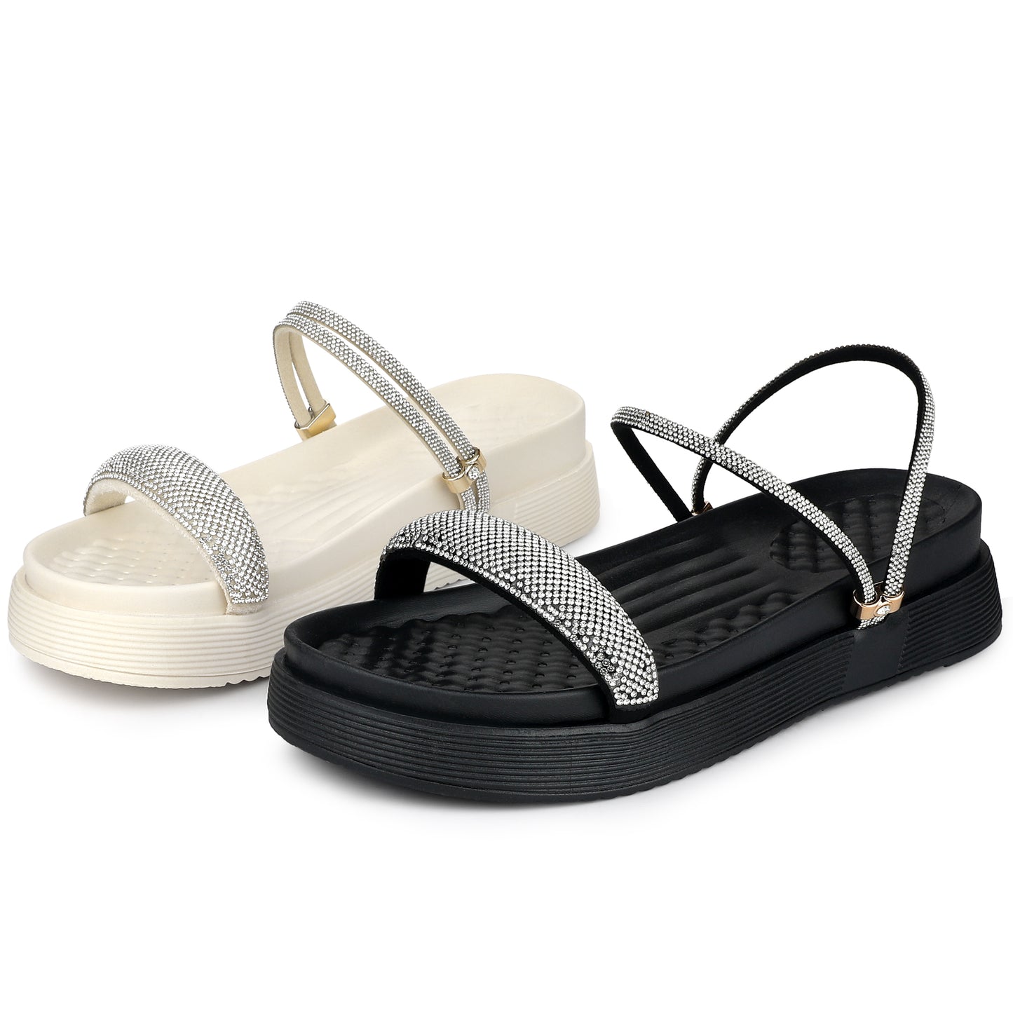 Sandalias planas con tiras y tacón de aguja con cristales brillantes para mujer