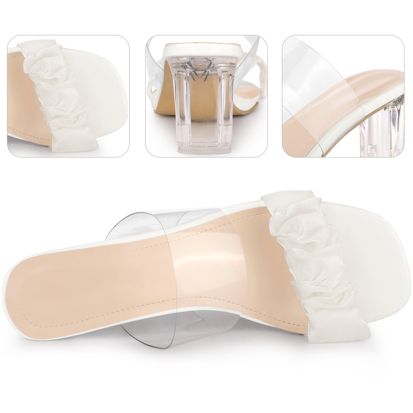 Women Clear Transparent Strap Chunky Heel Sandals Open Toe Slip On Slides