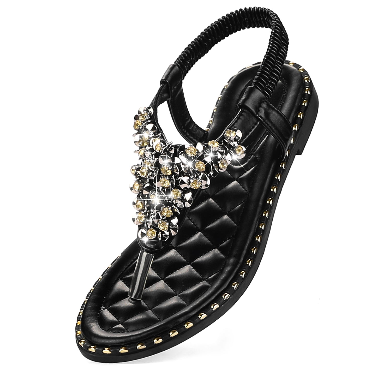 Women Rhinestone Elastic T-Strap Dressy Slip Flat Bohemian Flip Flop Sandals