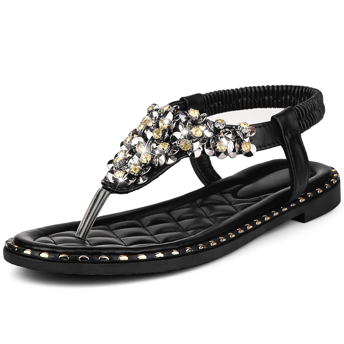 Women Rhinestone Elastic T-Strap Dressy Slip Flat Bohemian Flip Flop Sandals