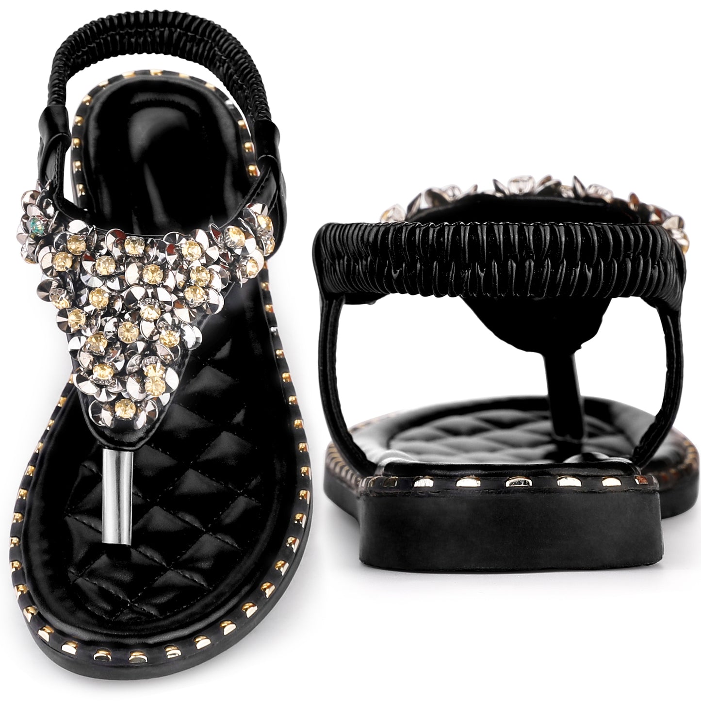 Women Rhinestone Elastic T-Strap Dressy Slip Flat Bohemian Flip Flop Sandals