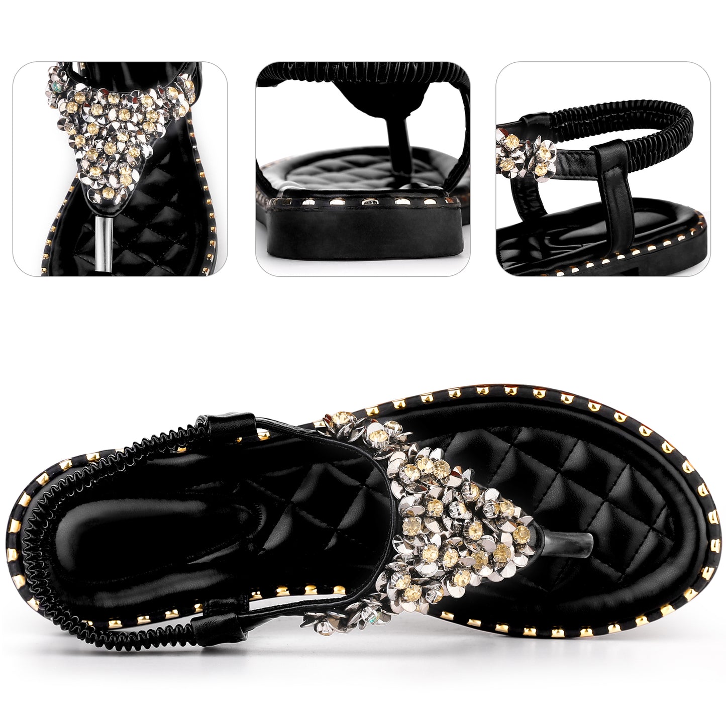 Women Rhinestone Elastic T-Strap Dressy Slip Flat Bohemian Flip Flop Sandals
