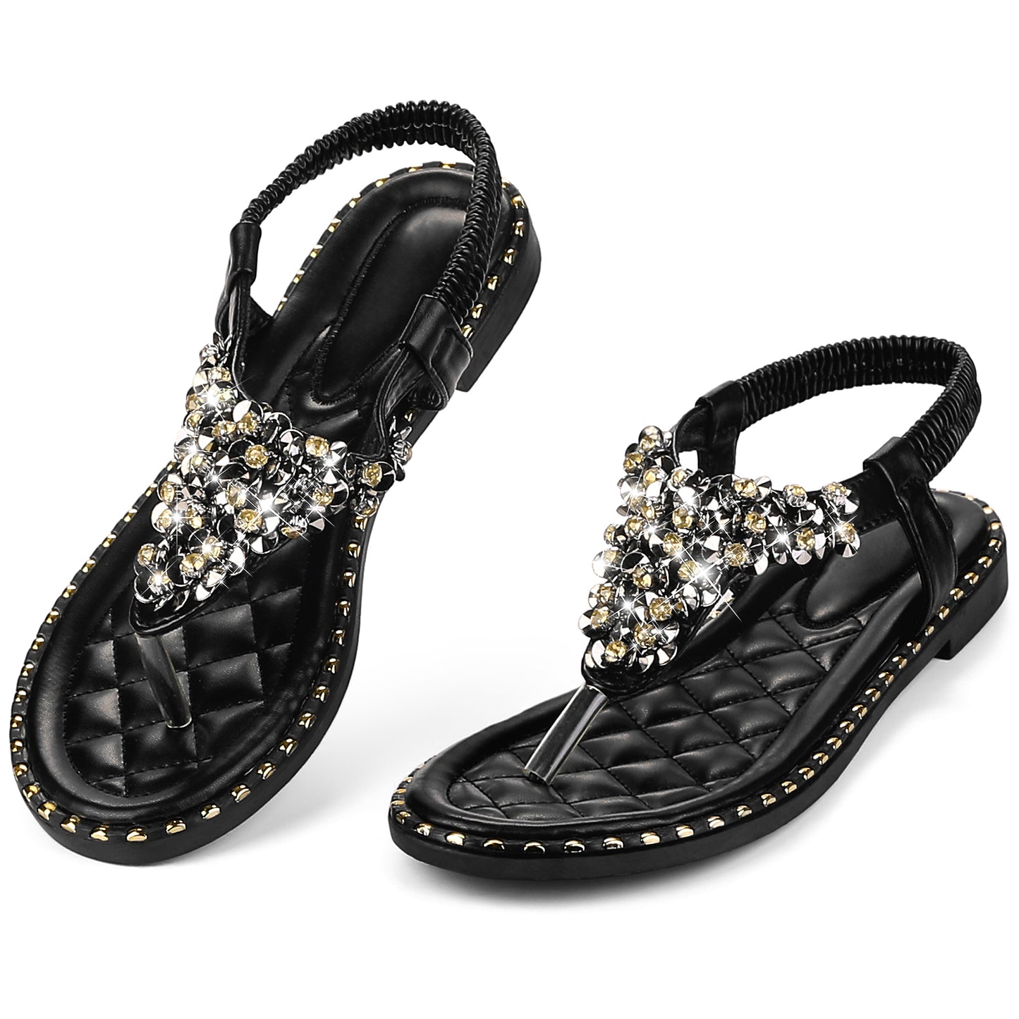 Women Rhinestone Elastic T-Strap Dressy Slip Flat Bohemian Flip Flop Sandals