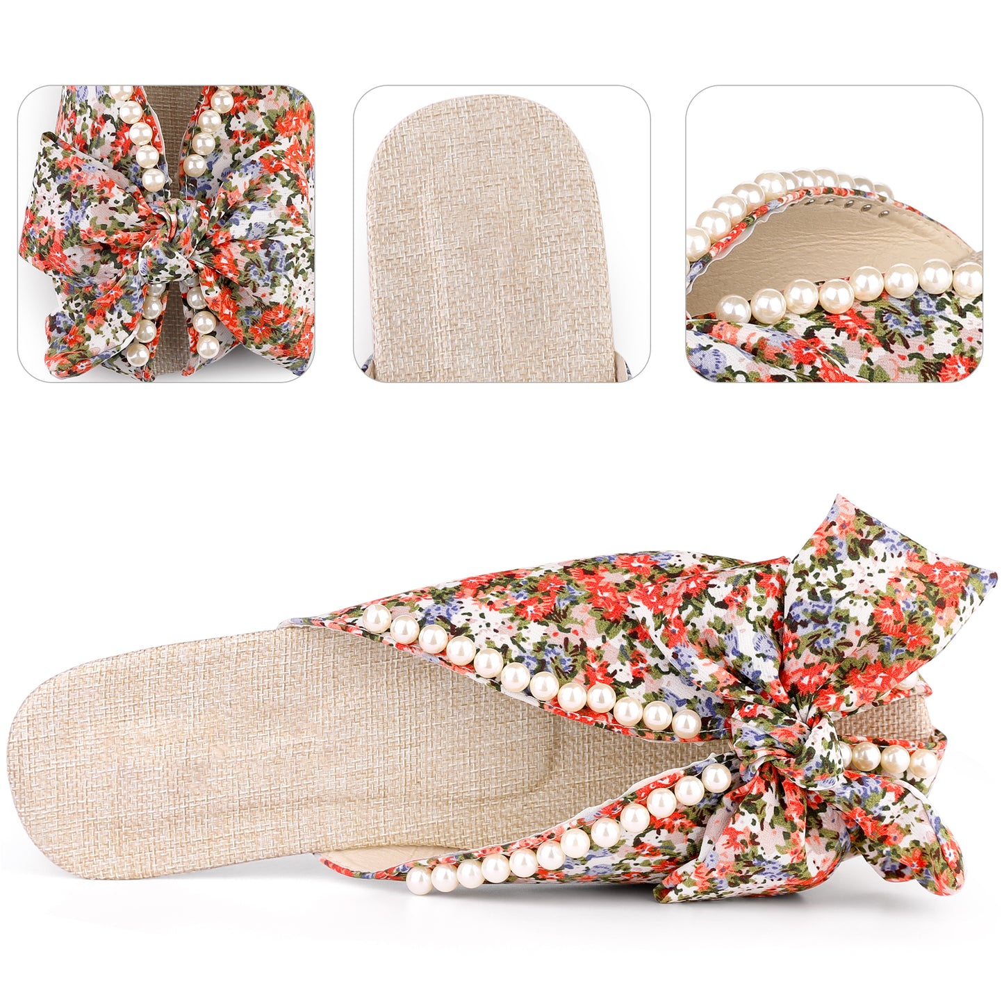 Sandalias planas con punta abierta y estampado floral para mujer, sin cordones, con perlas