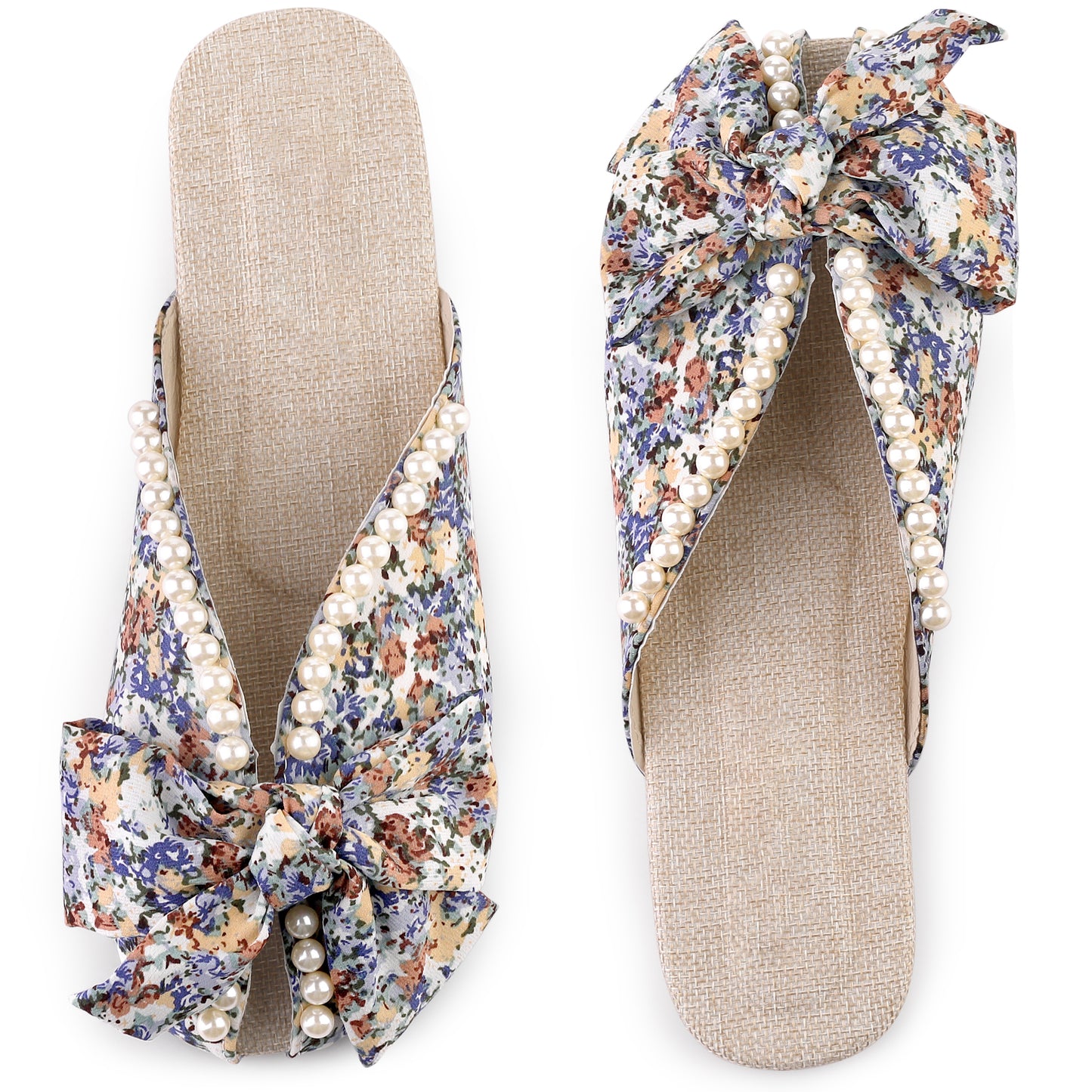 Sandalias planas con punta abierta y estampado floral para mujer, sin cordones, con perlas