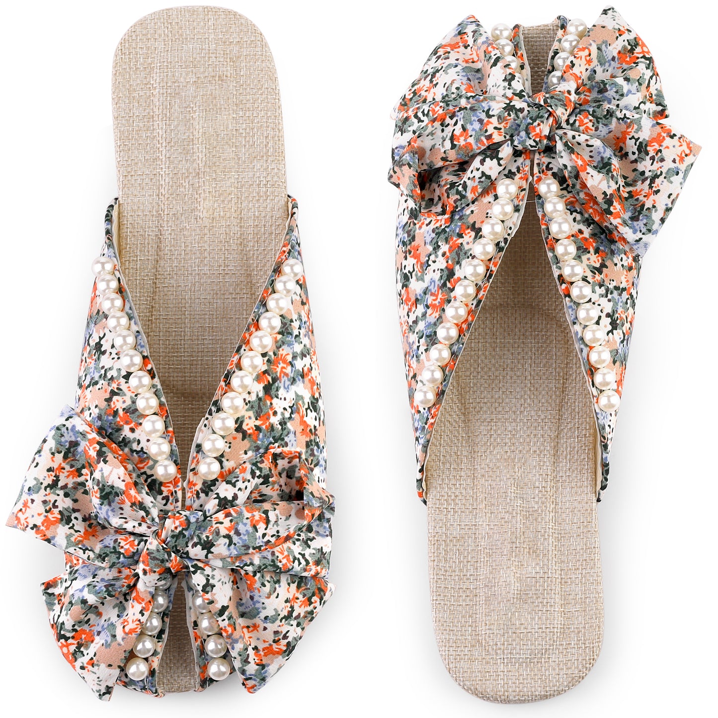 Sandalias planas con punta abierta y estampado floral para mujer, con perlas, estilo mules