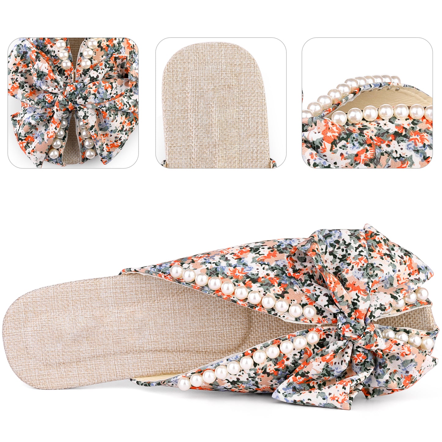 Sandalias planas con punta abierta y estampado floral para mujer, con perlas, estilo mules