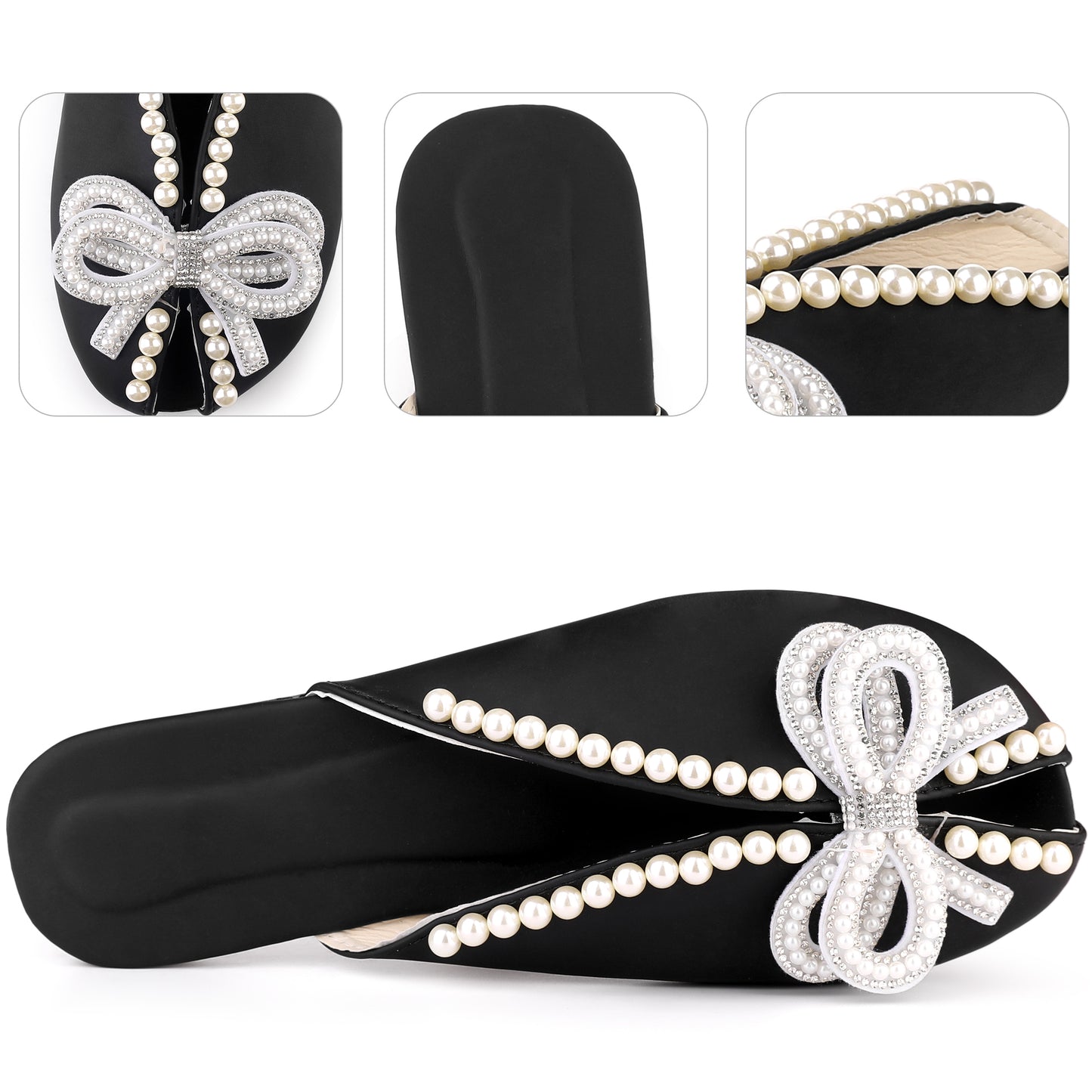 Women Floral Printed Peep Toe Slip On Pearl Flat Shoes Slides Mules
