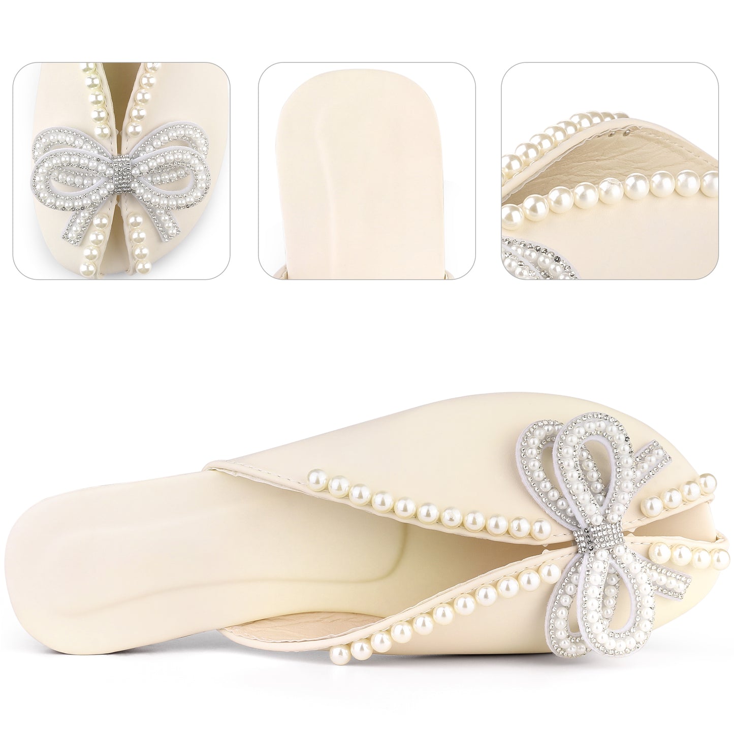 Women Floral Printed Peep Toe Slip On Pearl Flat Shoes Slides Mules