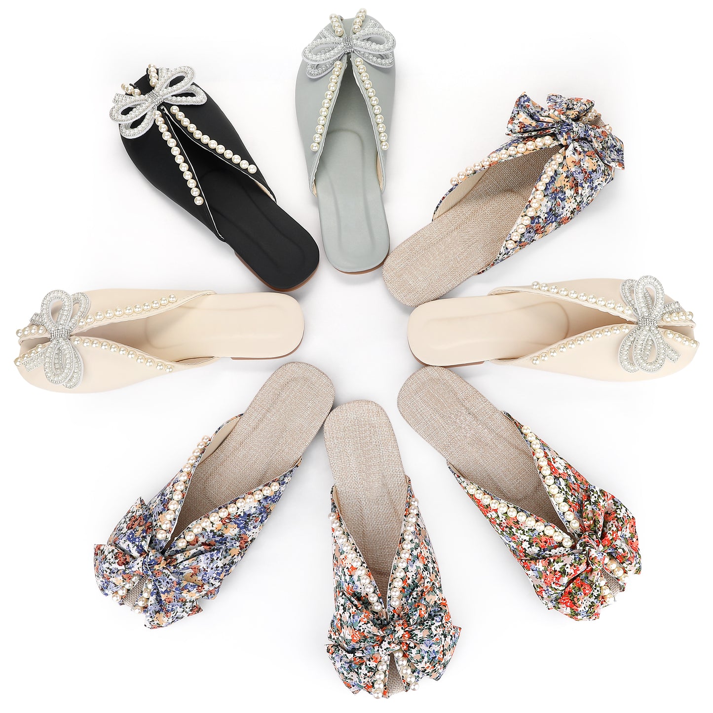 Women Floral Printed Peep Toe Slip On Pearl Flat Shoes Slides Mules
