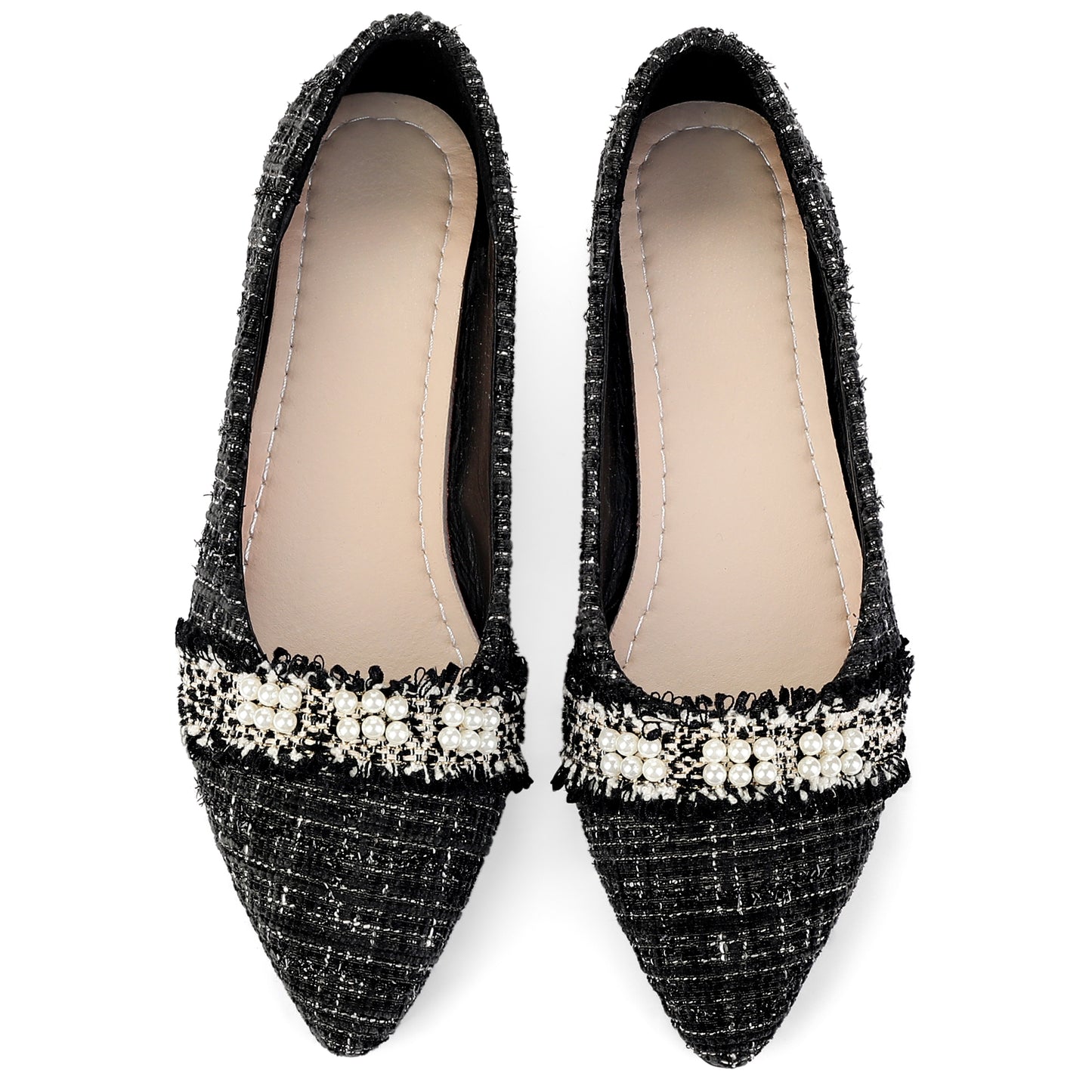 Bailarinas de tweed con punta puntiaguda y decoración de perlas para mujer