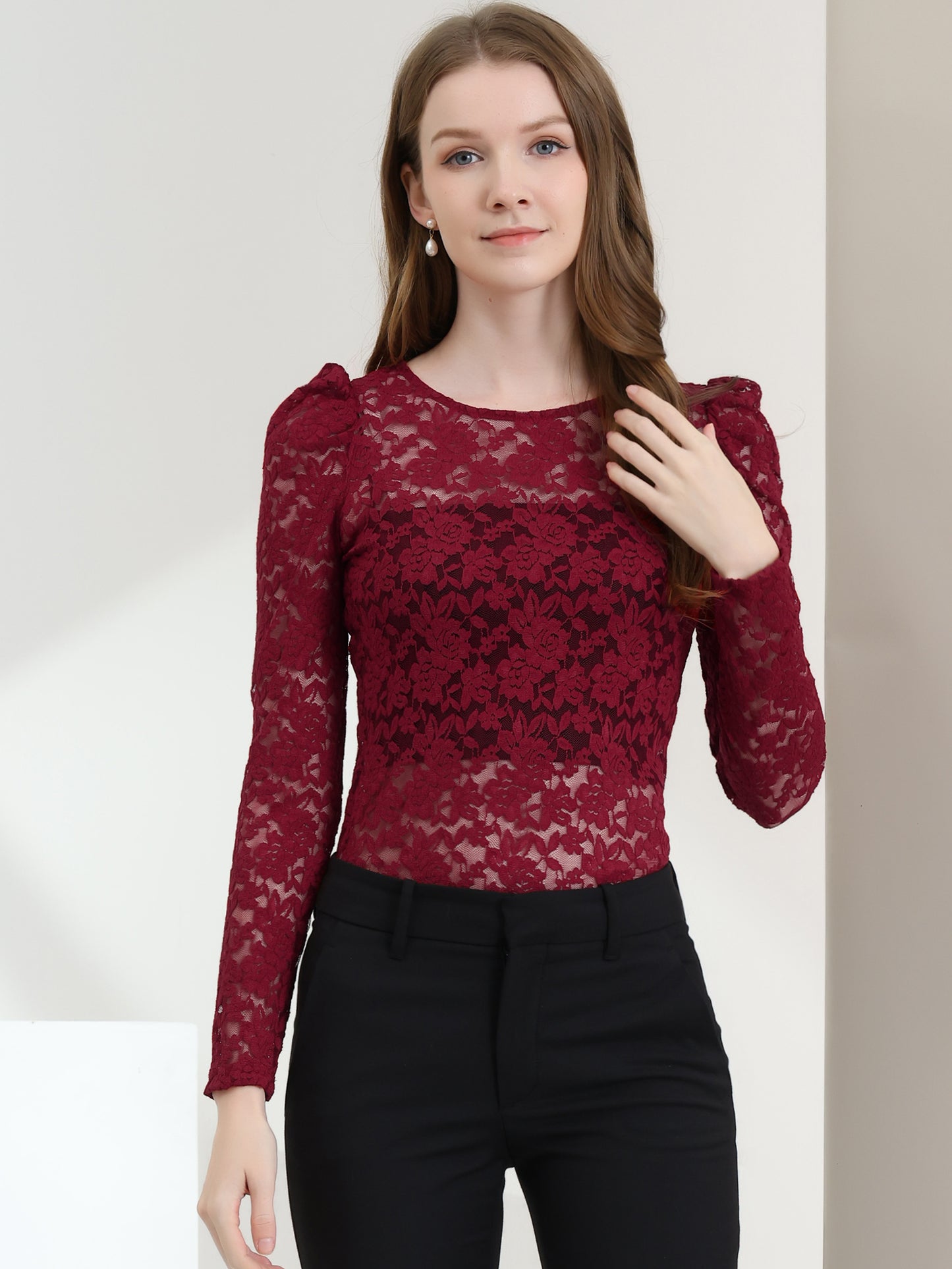 Women's Lace Embroidery Semi Sheer Vintage Puff Sleeve Top
