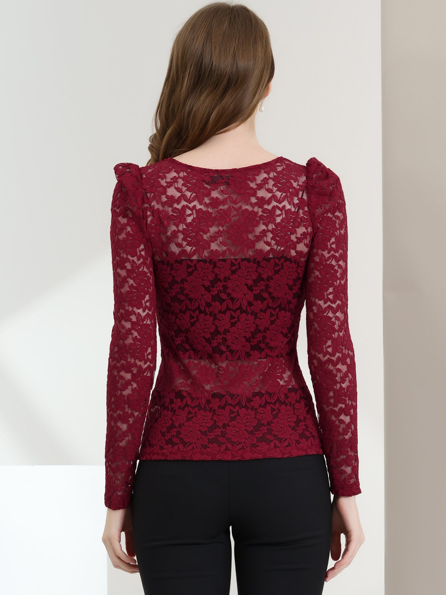 Women's Lace Embroidery Semi Sheer Vintage Puff Sleeve Top