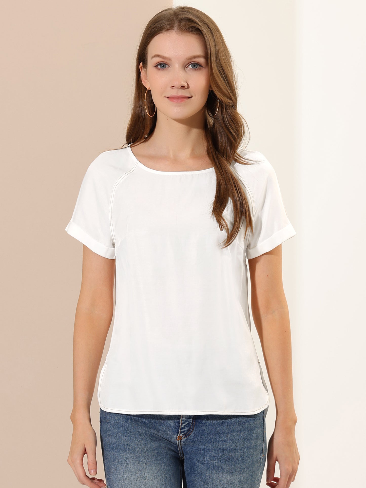 Women's Chambray Side Slit Raglan Short Sleeve Top
