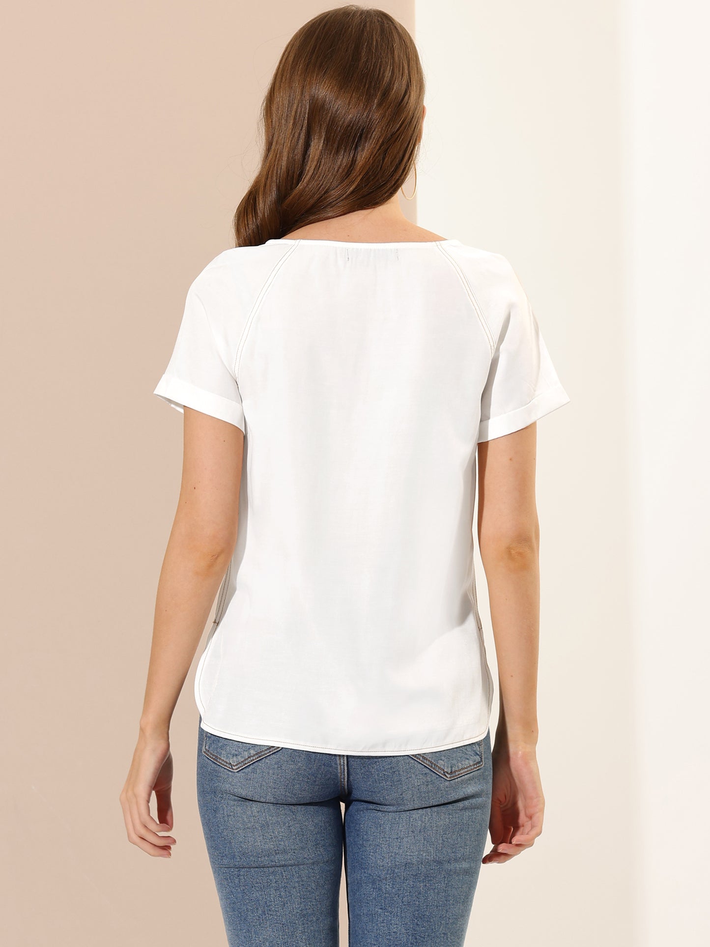 Women's Chambray Side Slit Raglan Short Sleeve Top