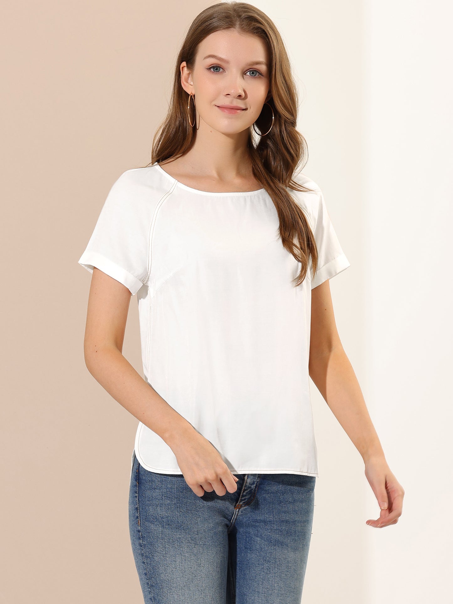 Women's Chambray Side Slit Raglan Short Sleeve Top