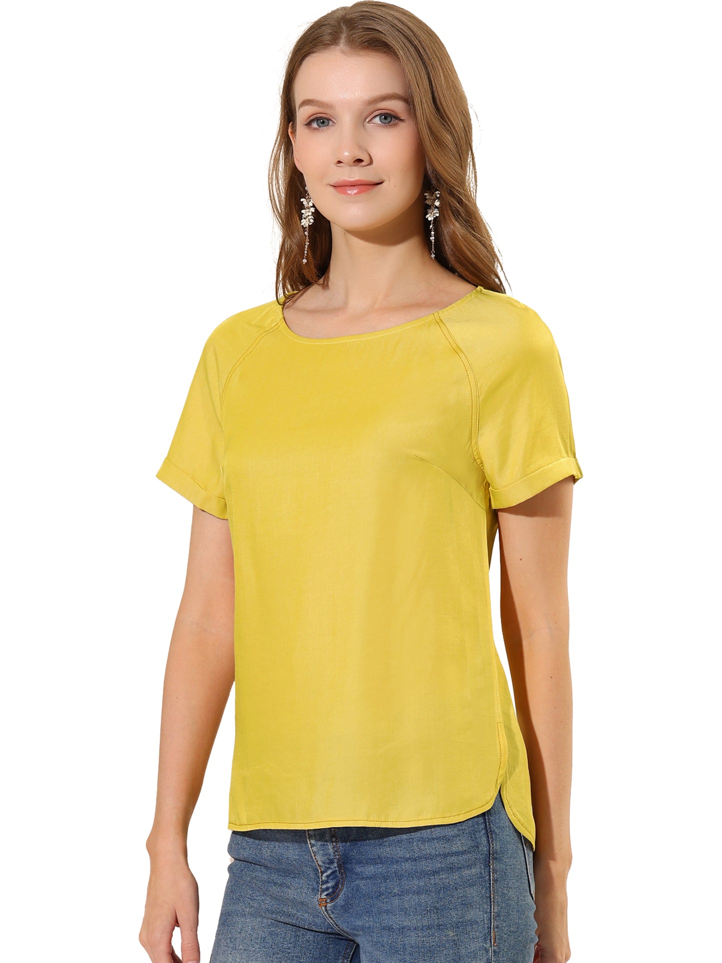 Women's Chambray Side Slit Raglan Short Sleeve Top
