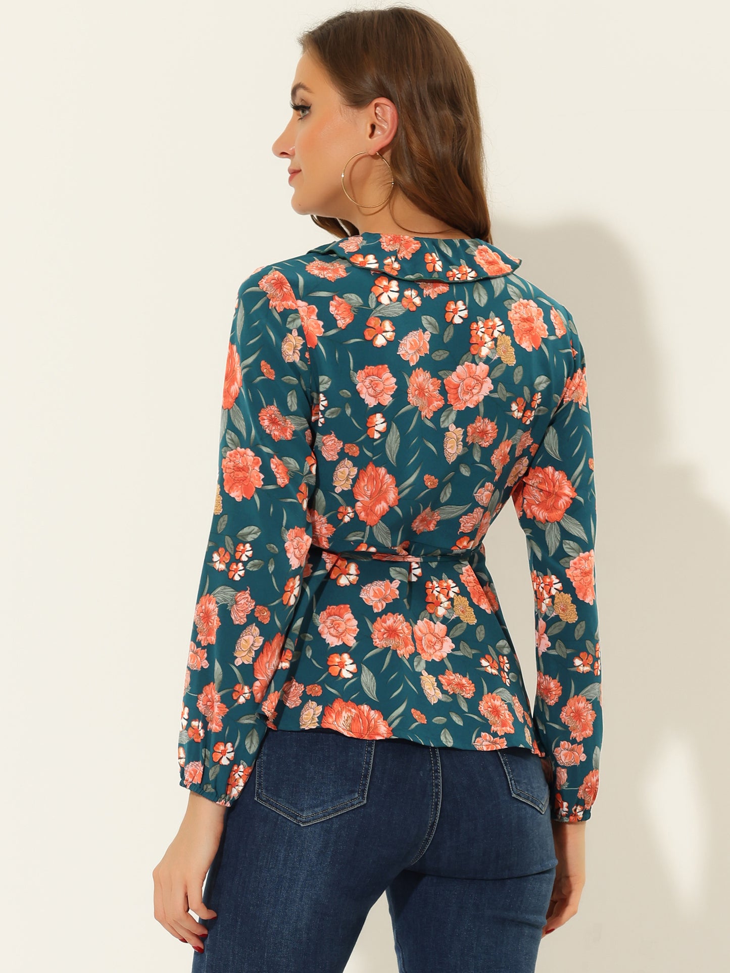 Women's Floral V Neck Wrap Top Long Sleeve Tie Waist Ruffle Peplum Blouse